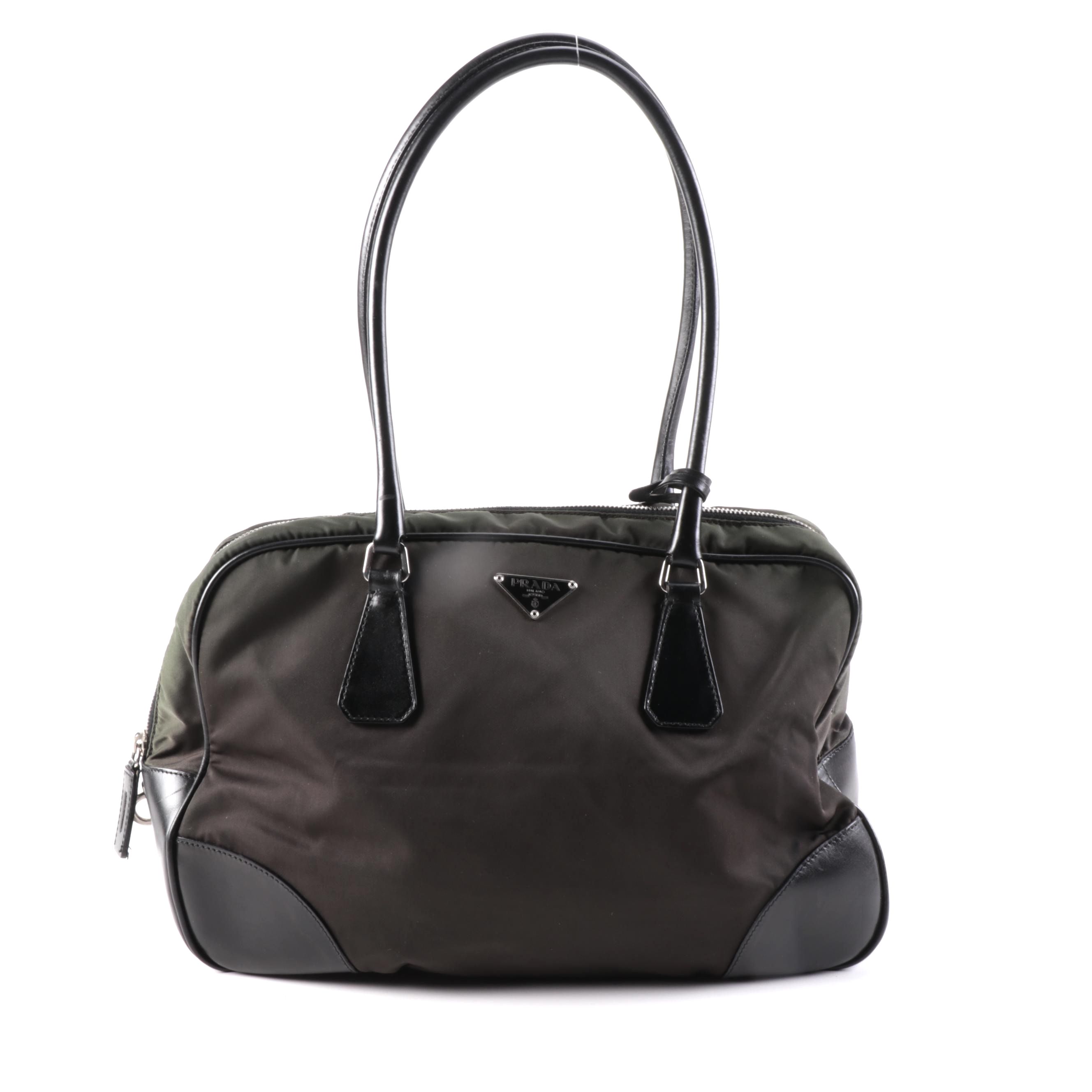 Prada Domed Shoulder Bag in Khaki Green Tessuto Nylon and Black Leather