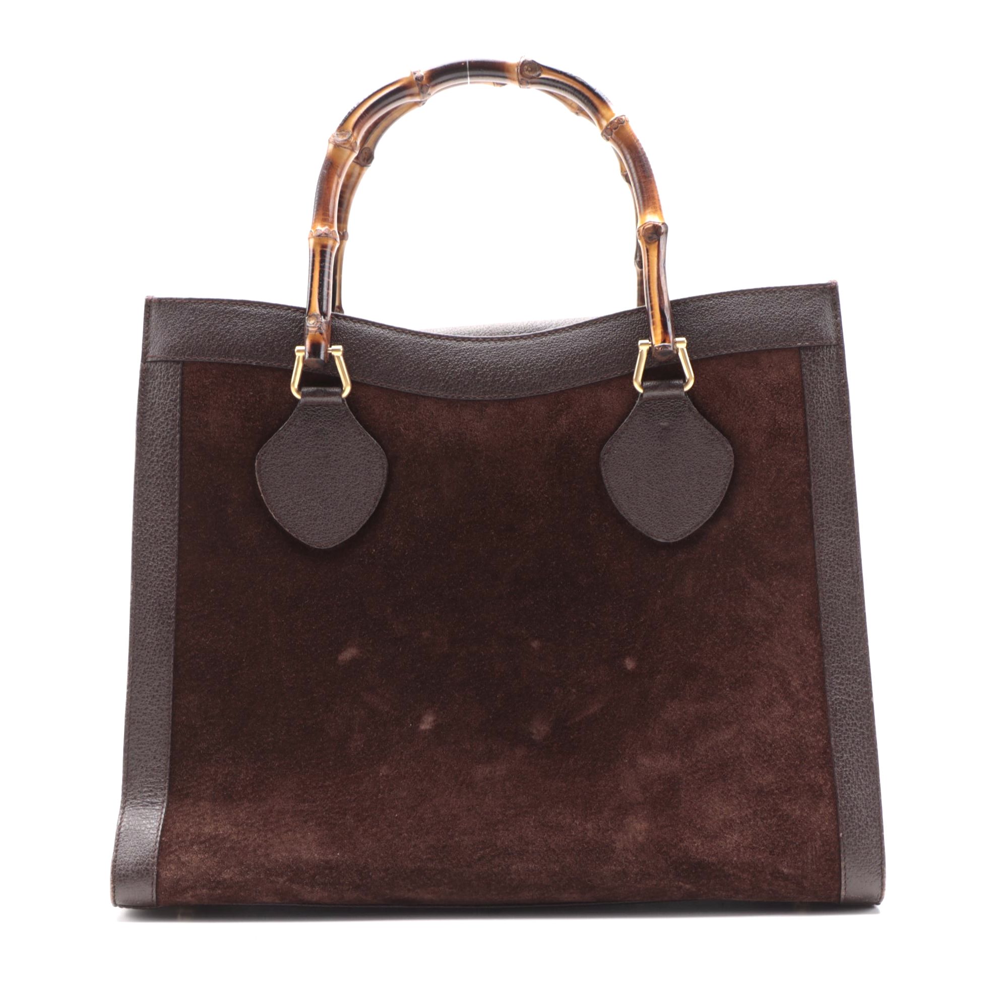 Gucci Diana Bamboo Handle Tote Bag in Brown Suede and Leather