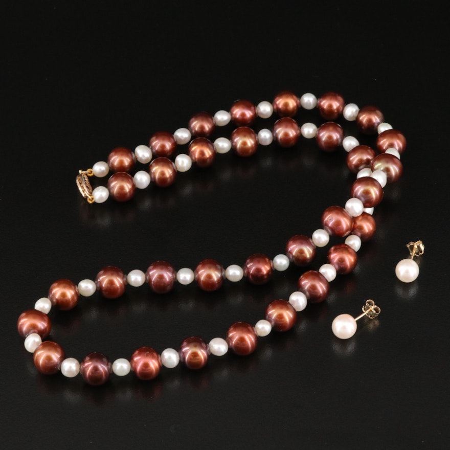 Pearl Strand Necklace and Stud Earrings