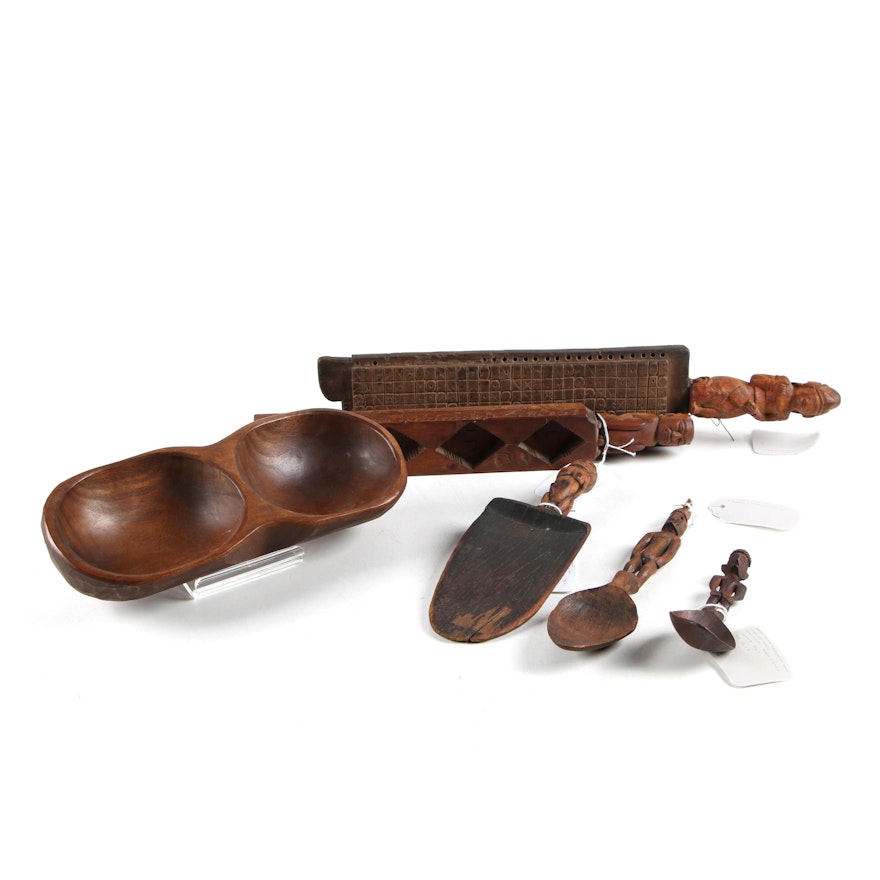Indonesian Hand-Carved Wooden Calendar and Rice Molds with Figural Handles