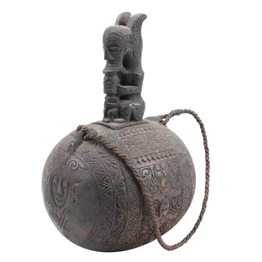 Batak Hand-Carved Wood Vessel with Figural Stopper, Indonesia