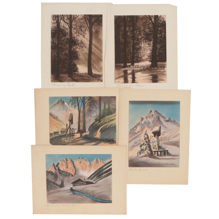 Hermann Richter Landscape Pastel Drawings, Early-Mid-20th Century