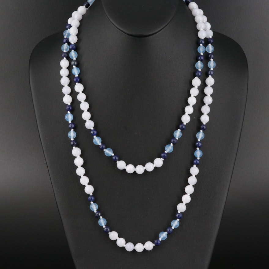 Lapis Lazuli, Quartzite and Chalcedony Bead Necklace with Sterling Clasp