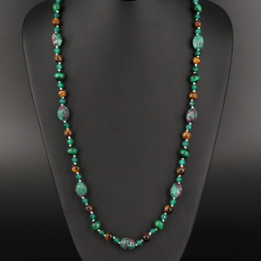 Tiger's Eye, Chalcedony and Ruby in Zoisite Bead Necklace with Sterling Clasp