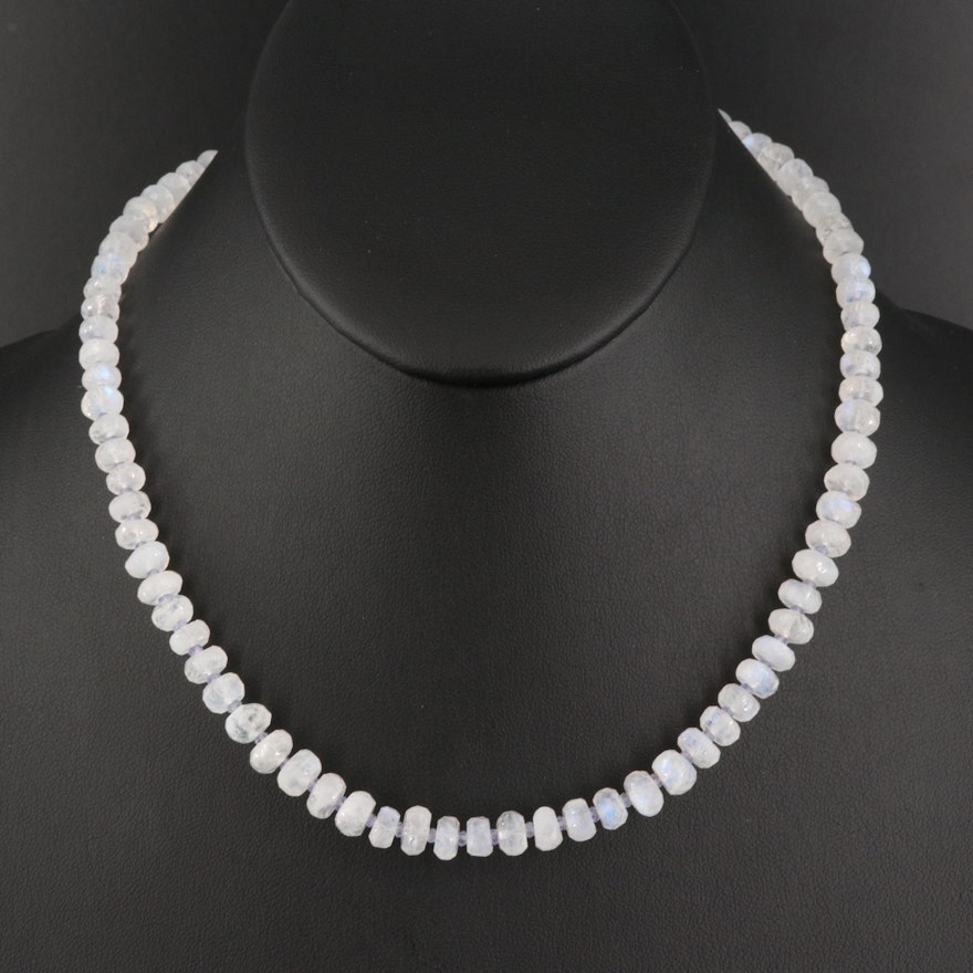 Moonstone and Tanzanite Bead Necklace with 14K Clasp