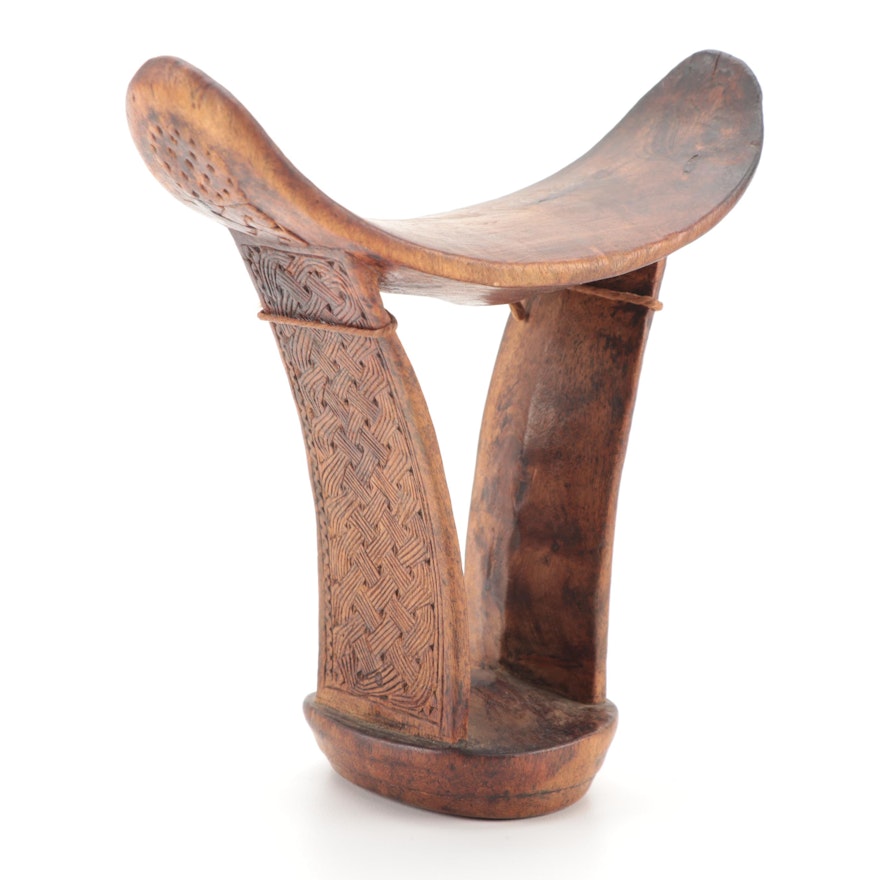 Somali Carved Wood Headrest with Incised Basketweave Design, East Africa