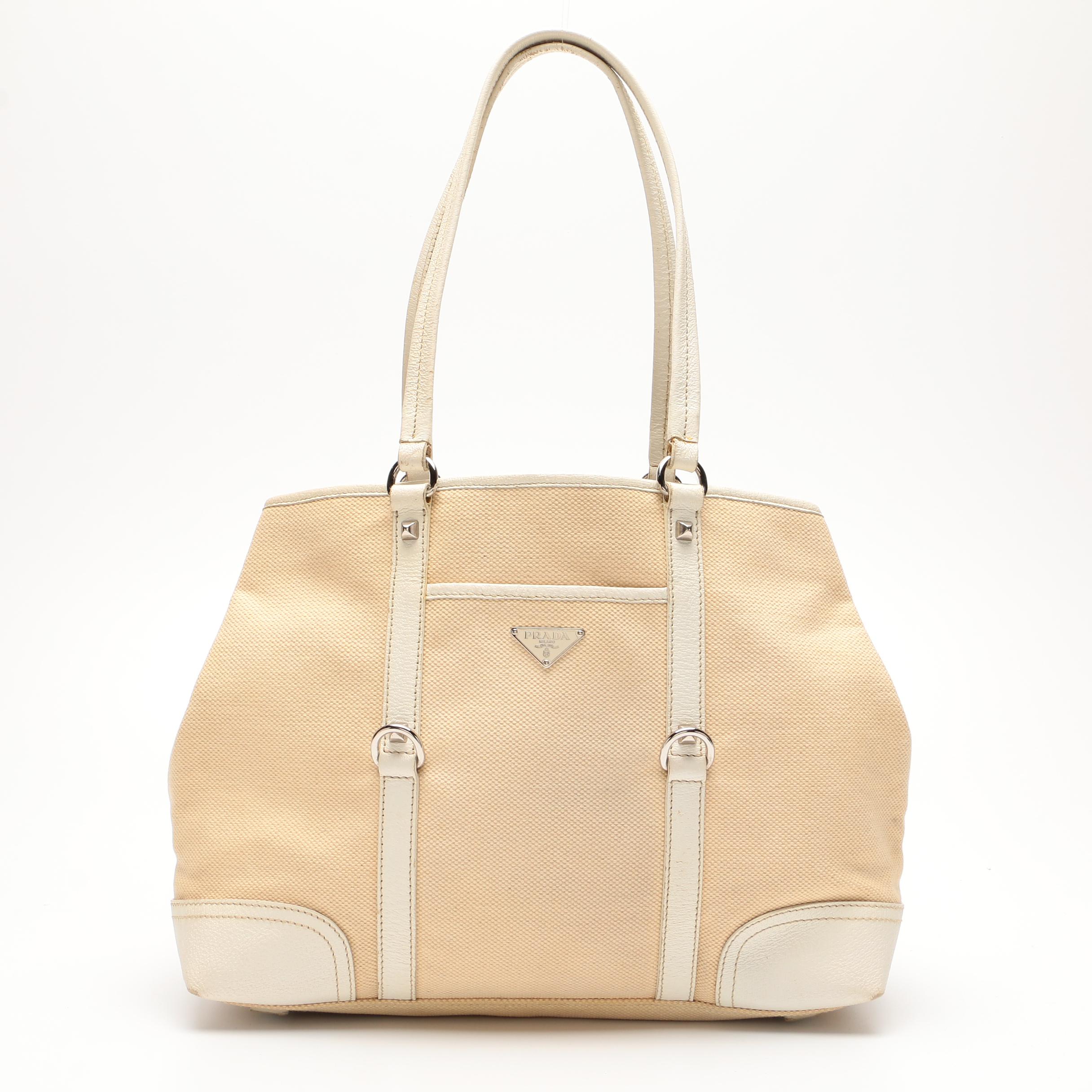Prada Woven Canvas and White Leather Tote Bag