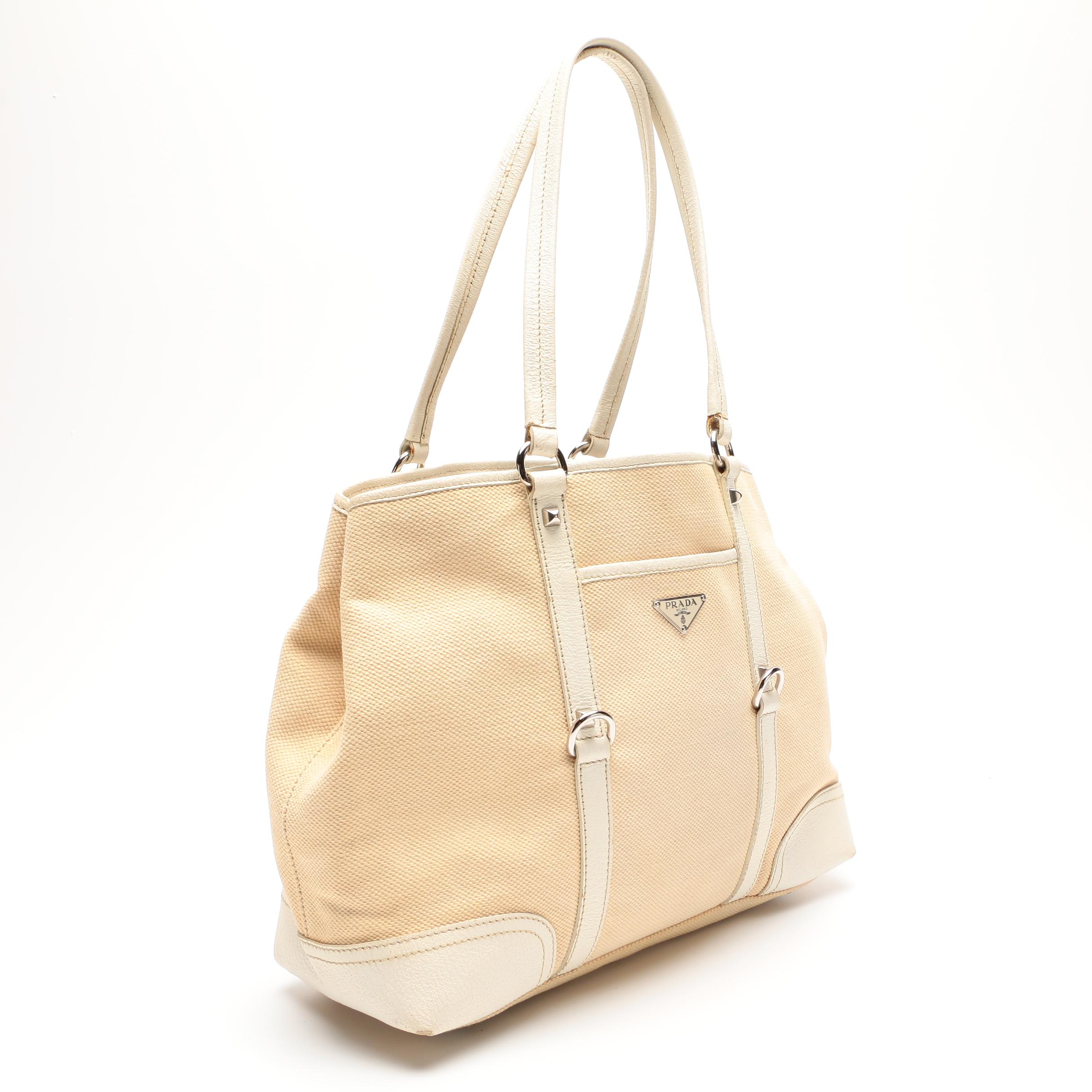 Prada Woven Canvas and White Leather Tote Bag