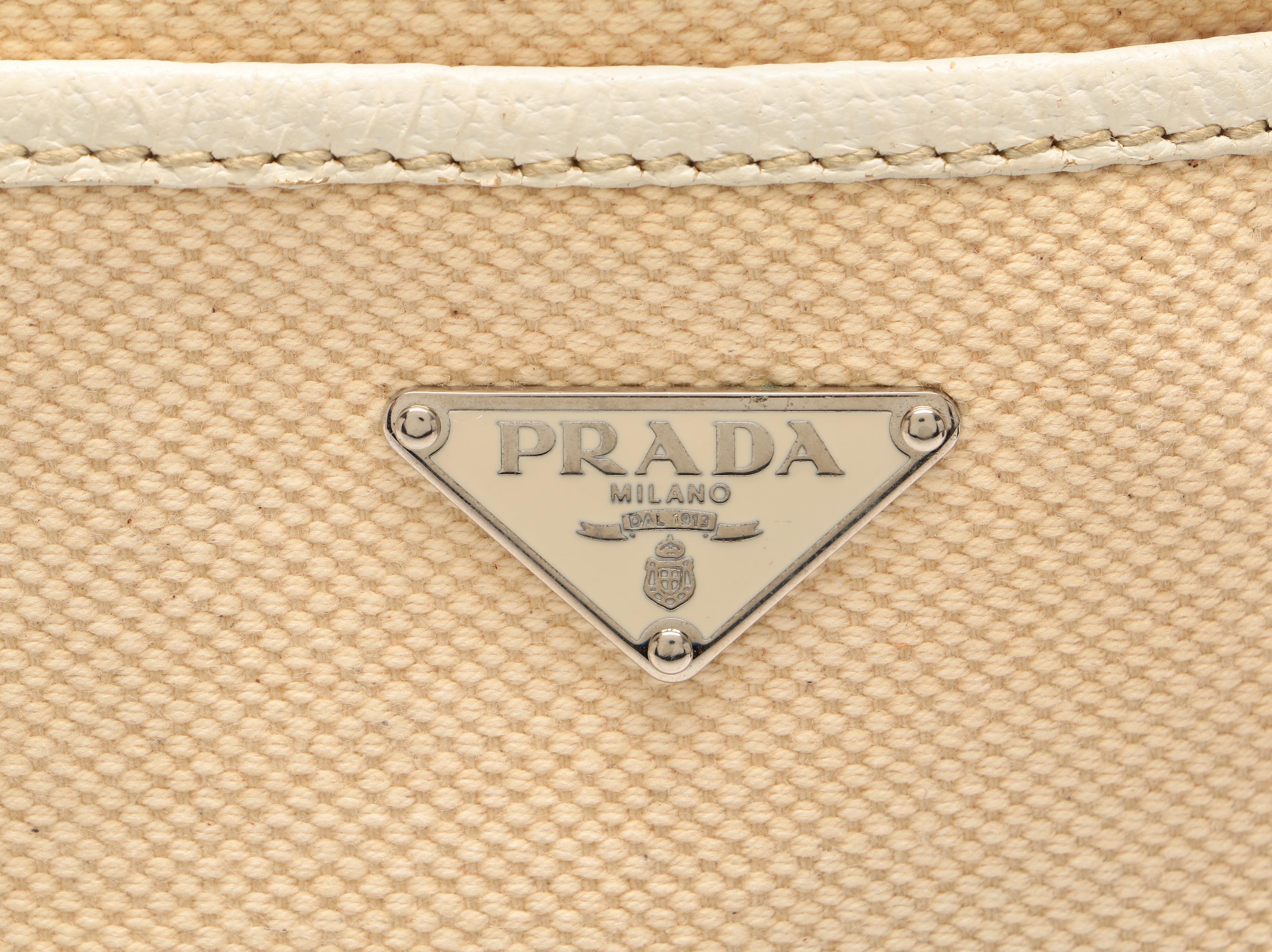 Prada Woven Canvas and White Leather Tote Bag
