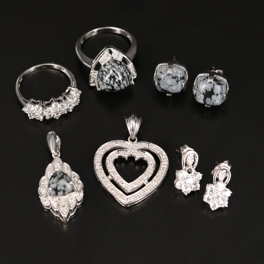 Sterling Snowflake Obsidian and Zircon Pendants, Earrings and Rings