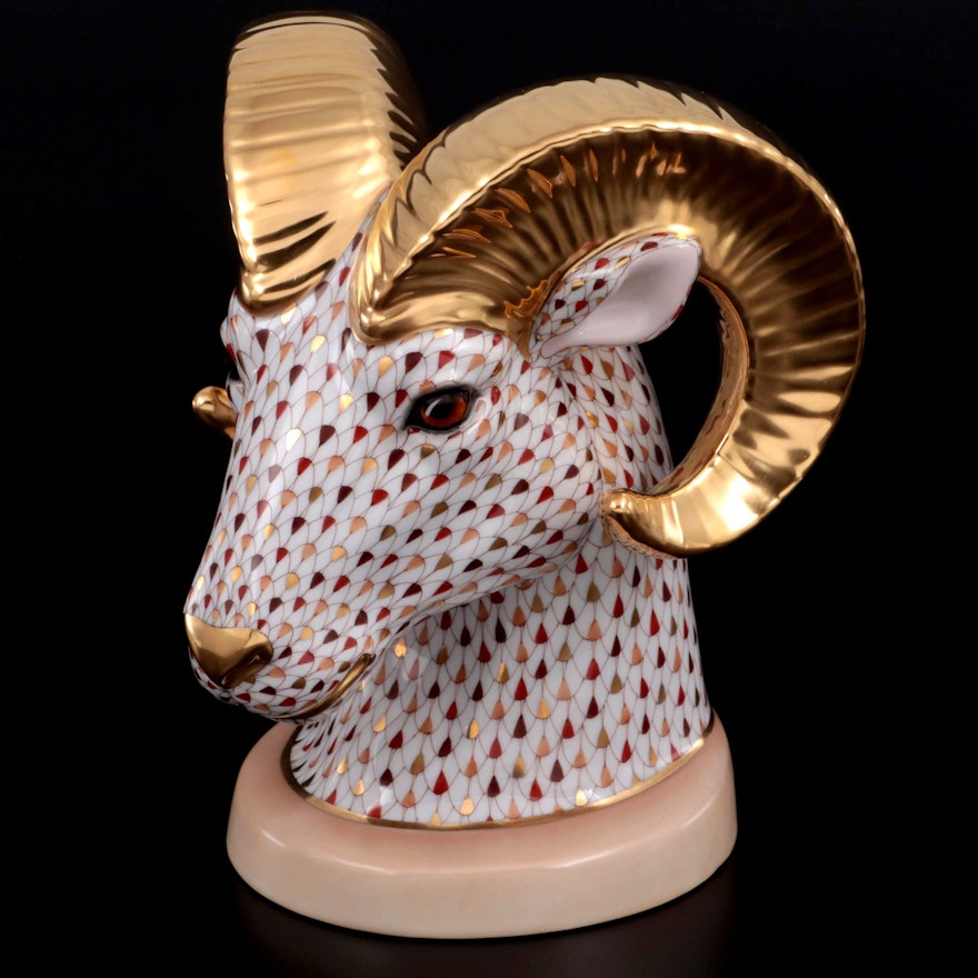 Herend Limited Edition Mosaic Fishnet "Ram Bust" Porcelain Figurine