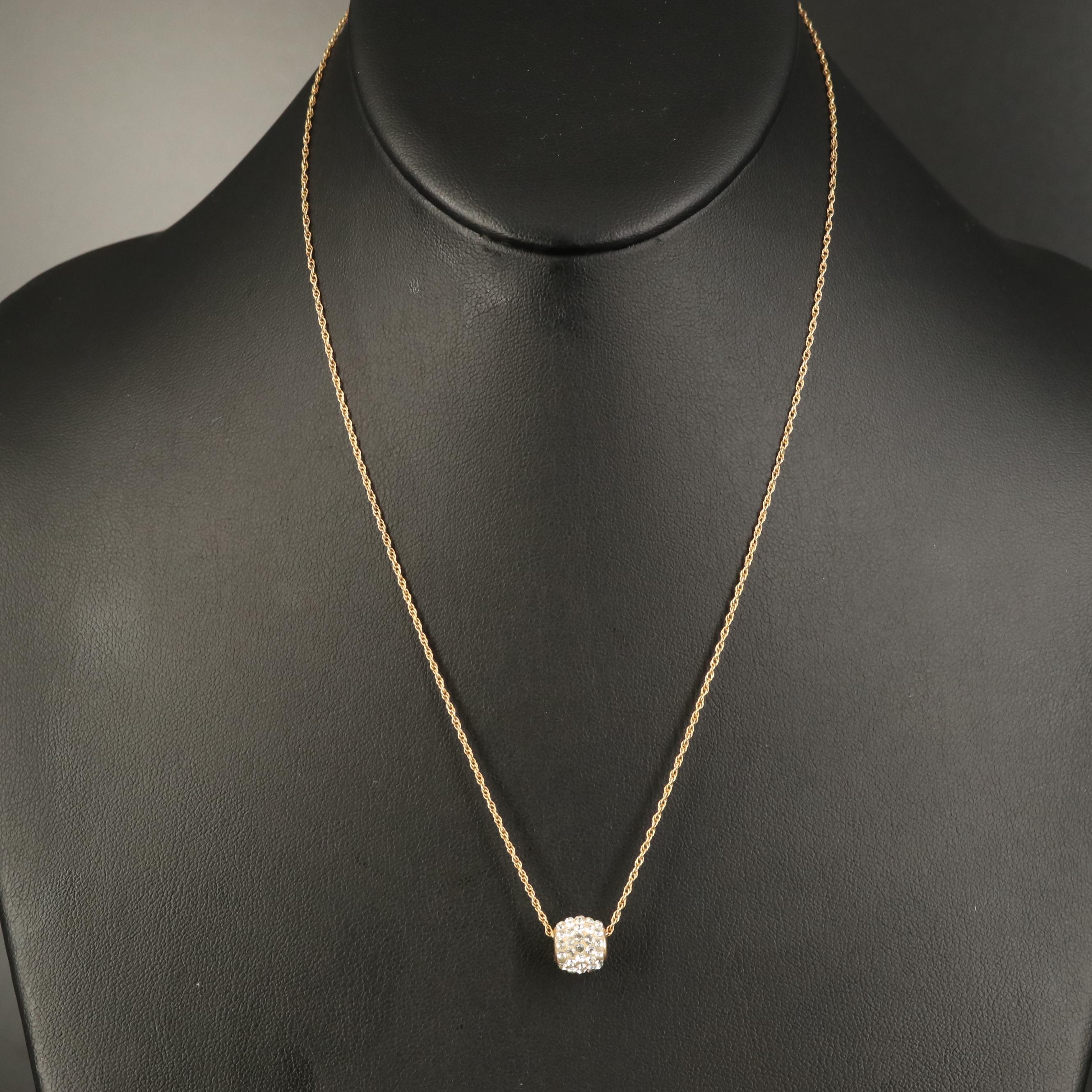14K Rhinestone Pendant on Sterling Loose Rope Chain Necklace