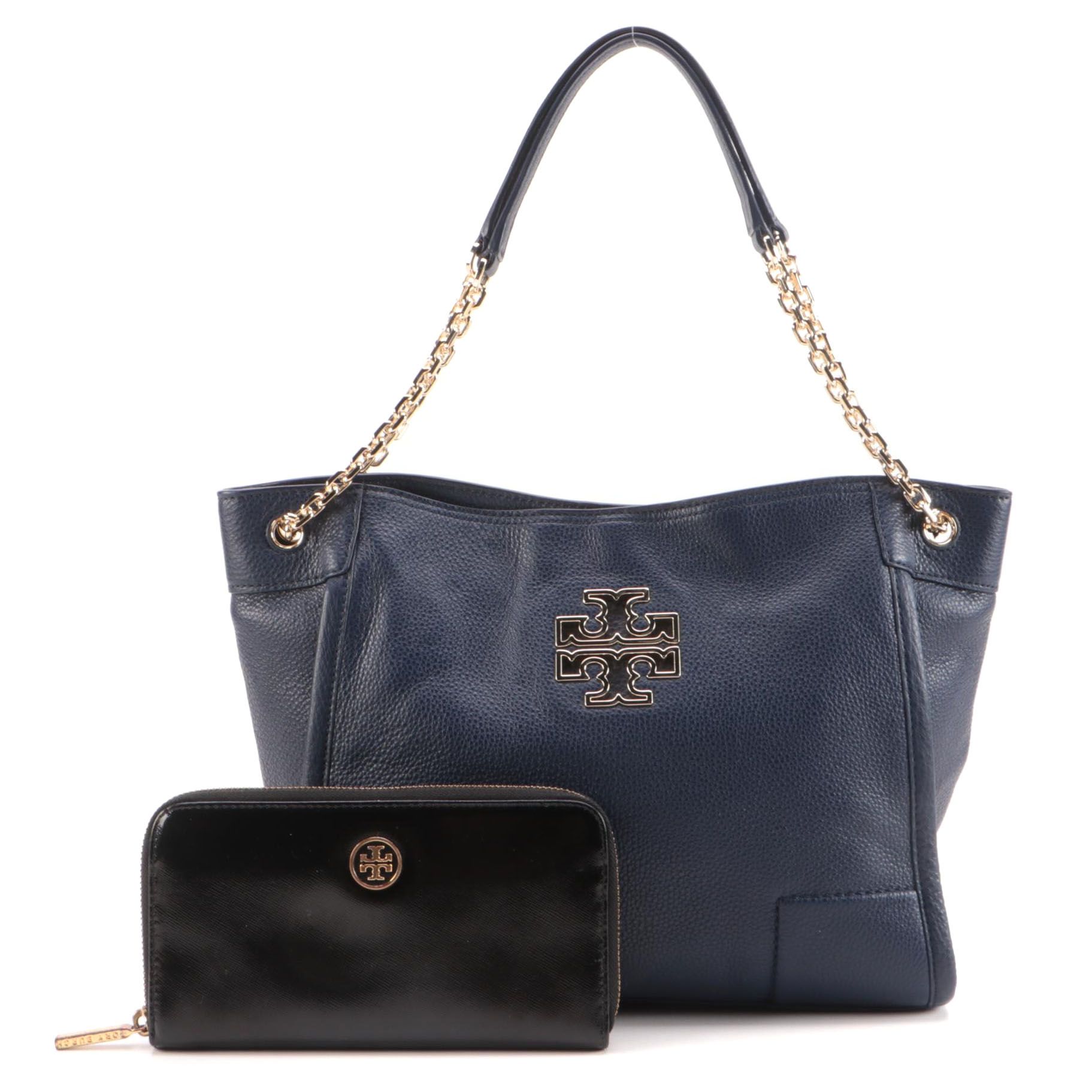 Tory Burch Navy Pebble Grain Leather Tote and Black Saffiano Textured Zip Wallet