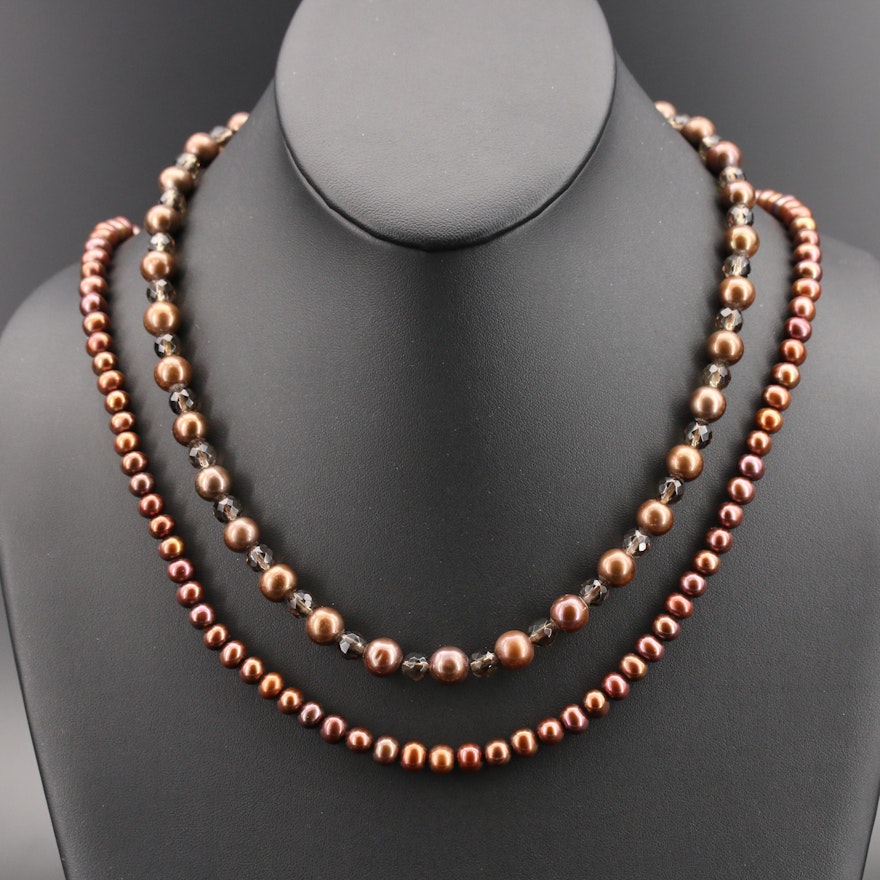 Smoky Quartz and Pearl Bead Necklace with 14K Clasp and Endless Pearl Necklace