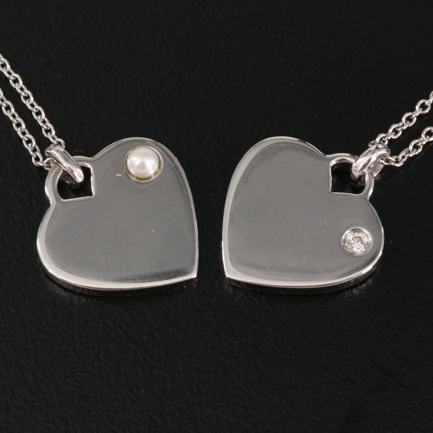 Sterling Silver Diamond and Pearl Heart Necklaces