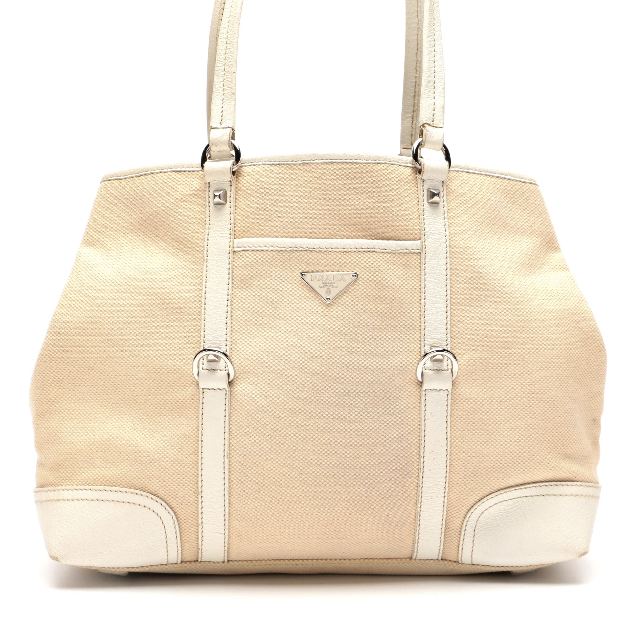 Prada Woven Canvas and White Leather Tote Bag