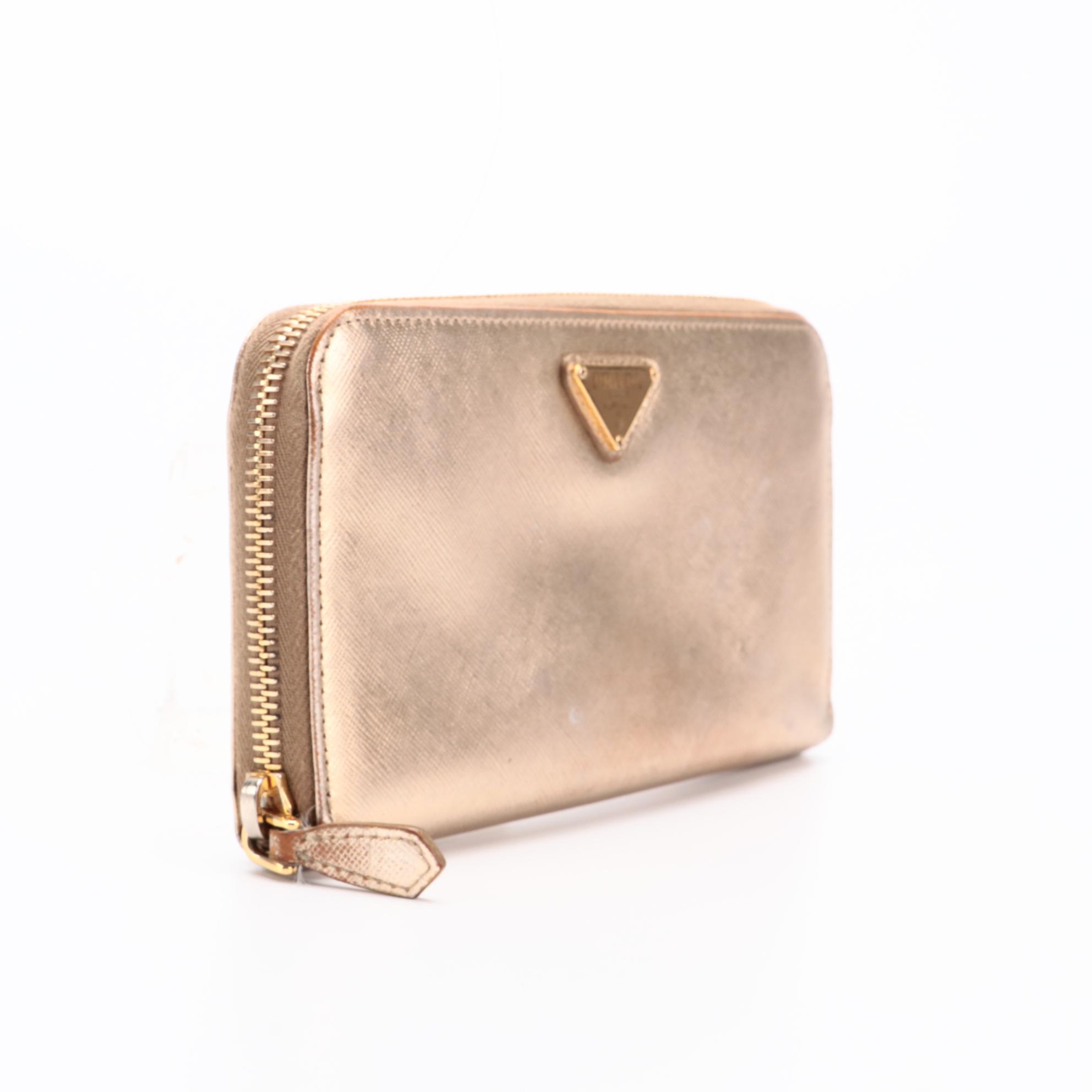 Prada Zip Wallet in Gold Metallic Saffiano Leather