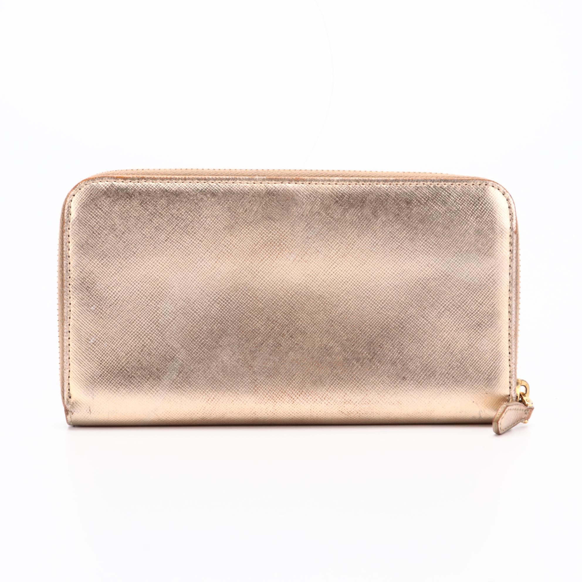 Prada Zip Wallet in Gold Metallic Saffiano Leather