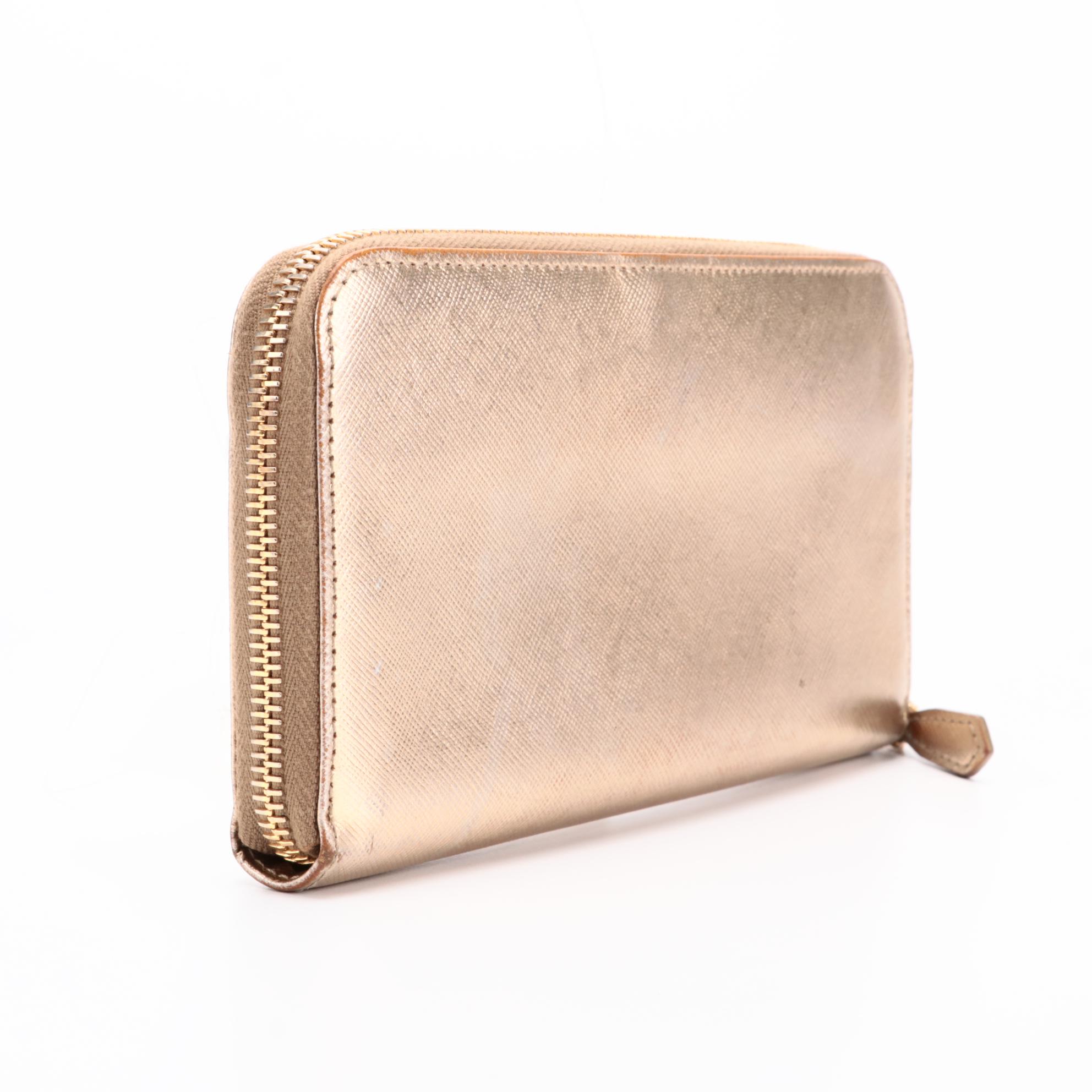 Prada Zip Wallet in Gold Metallic Saffiano Leather