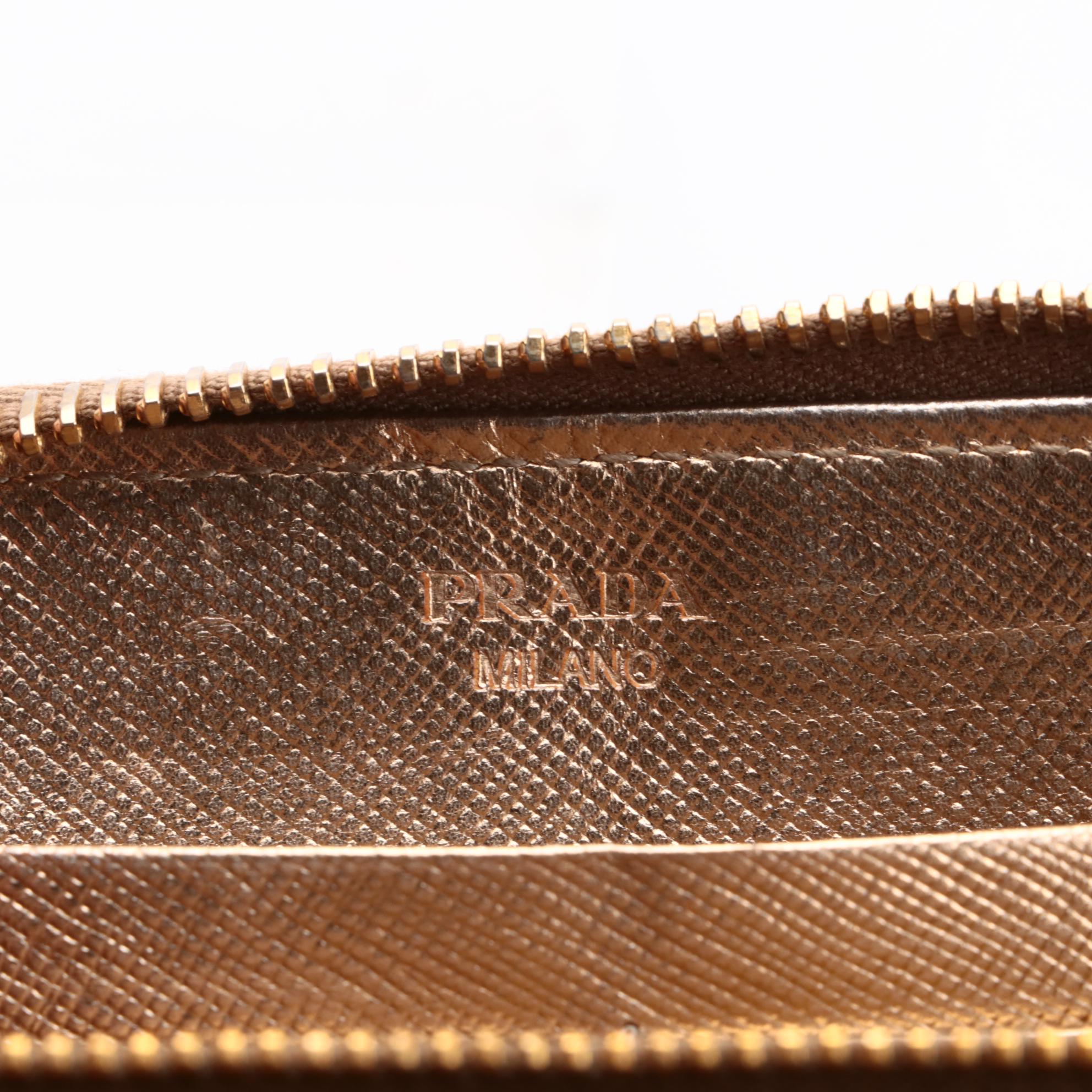 Prada Zip Wallet in Gold Metallic Saffiano Leather