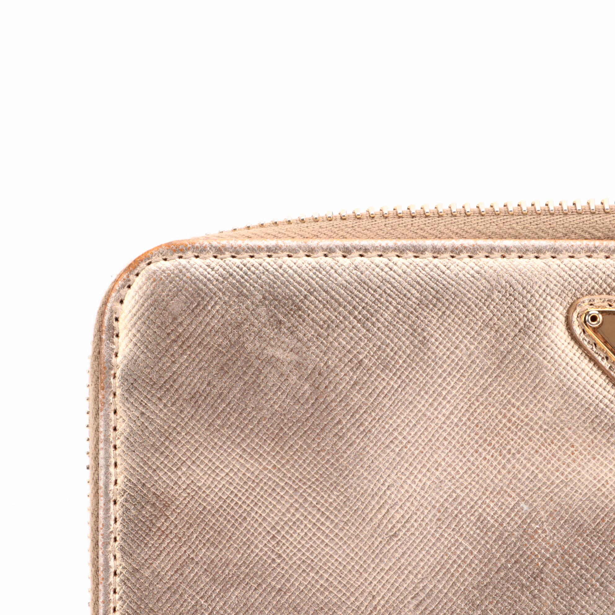 Prada Zip Wallet in Gold Metallic Saffiano Leather