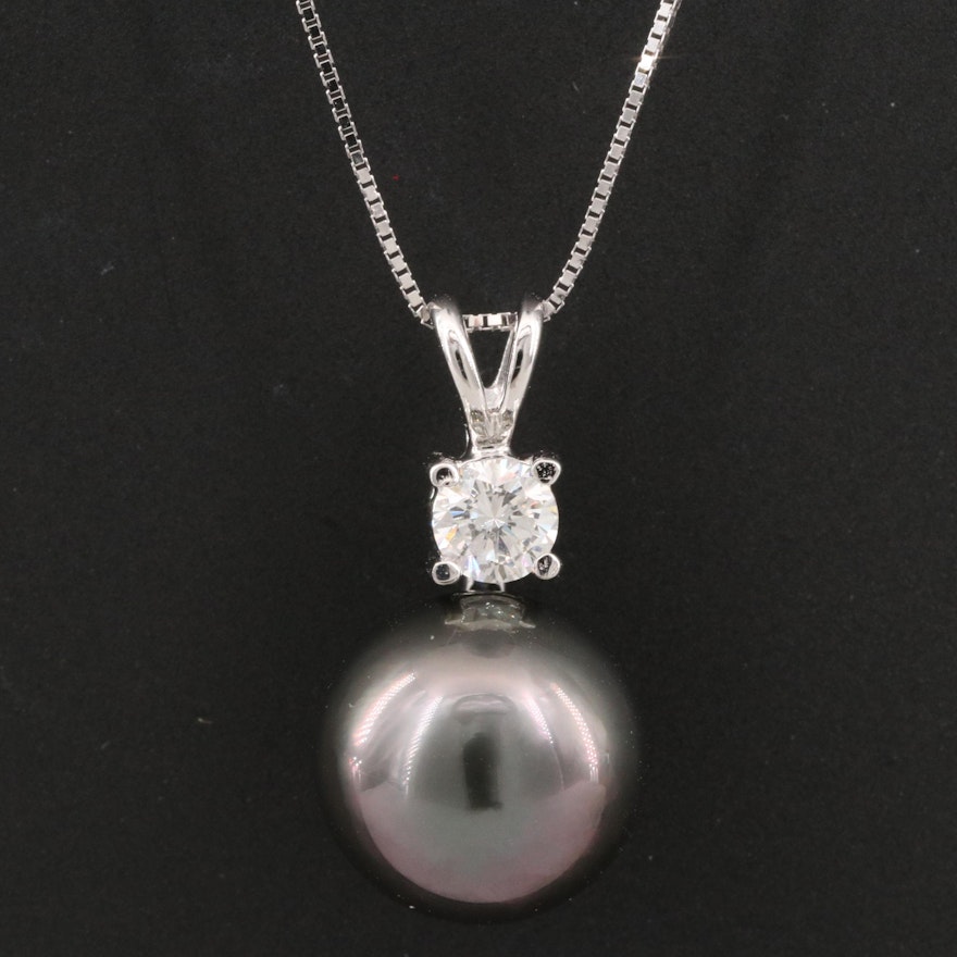 18K Pearl and Diamond Pendant on 14K Chain Necklace