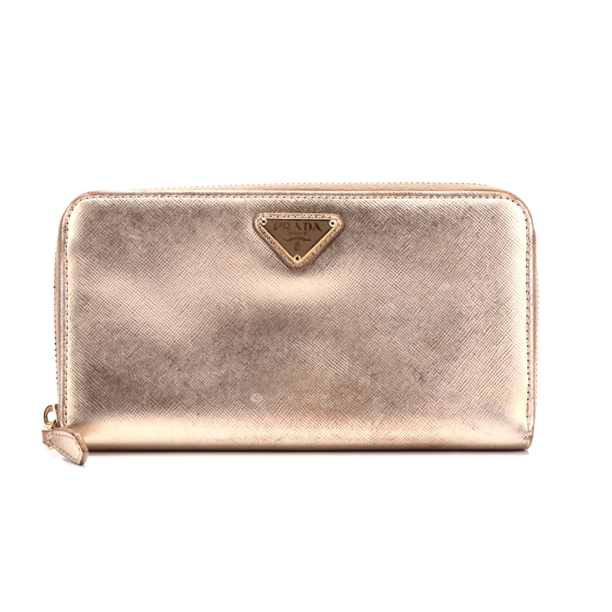 Prada Zip Wallet in Gold Metallic Saffiano Leather