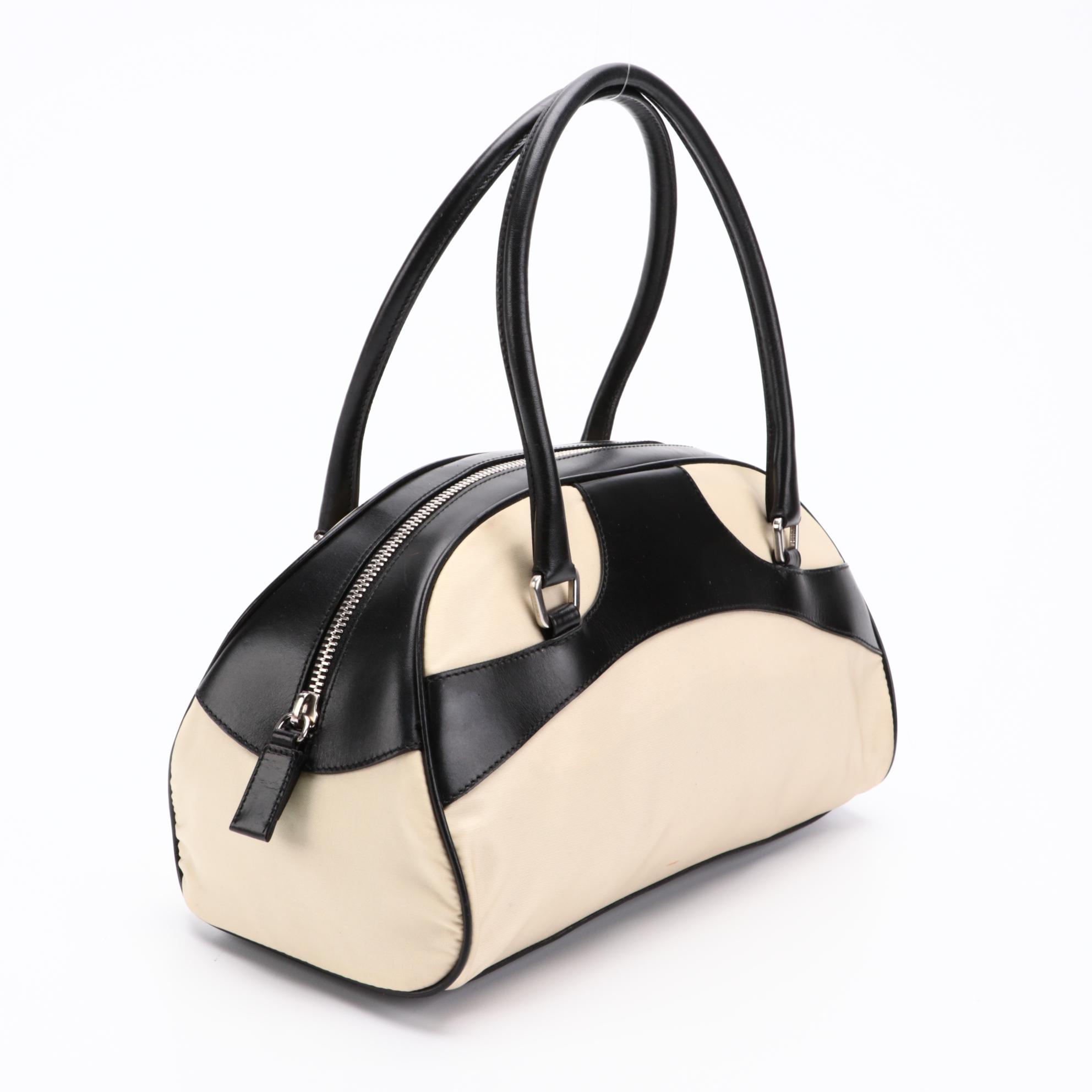 Prada Lino Nylon Tessuto and Nero Leather Handbag