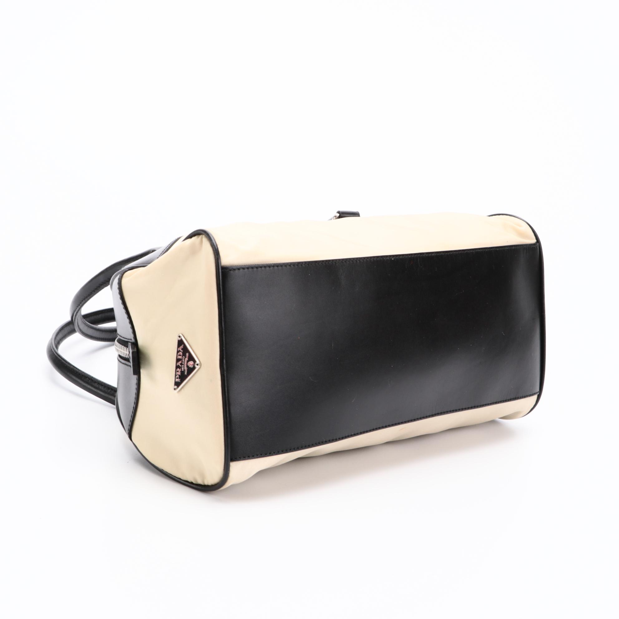 Prada Lino Nylon Tessuto and Nero Leather Handbag