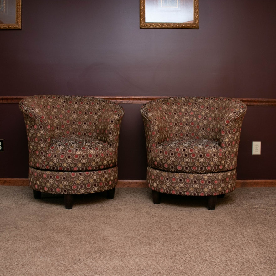 Pair of Best Chairs Inc. Upholstered Swivel Barrel Chairs