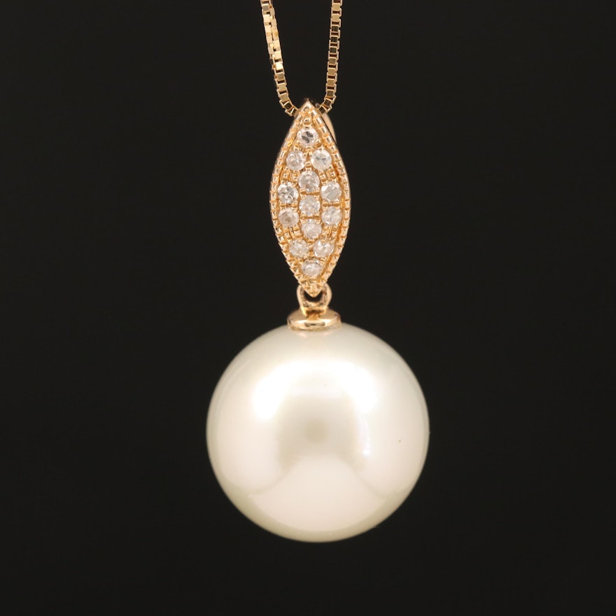 14K 12.30 mm Pearl and Diamond Pendant Necklace