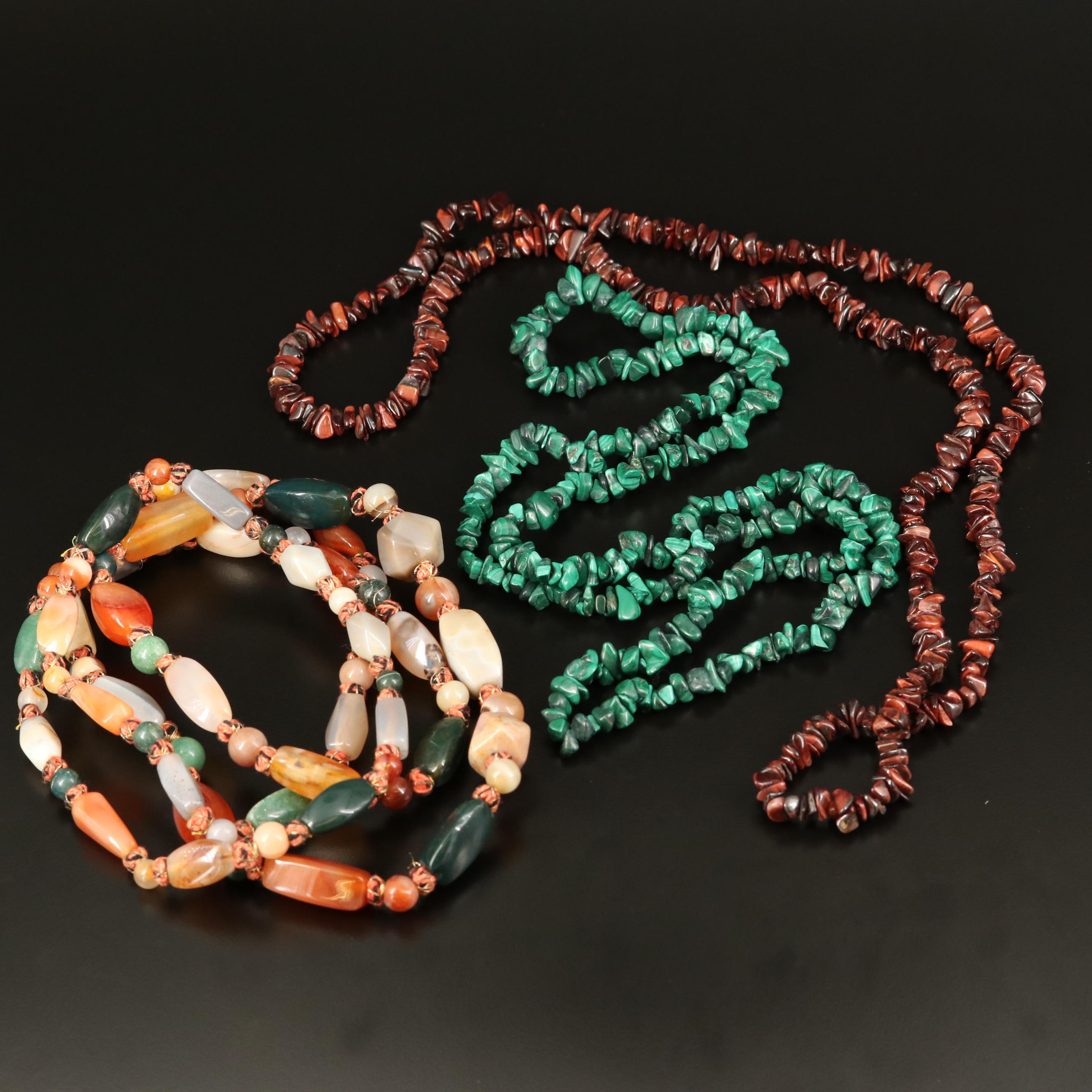 Beaded Endless Necklaces with Malachite, Tiger's Eye and Agate