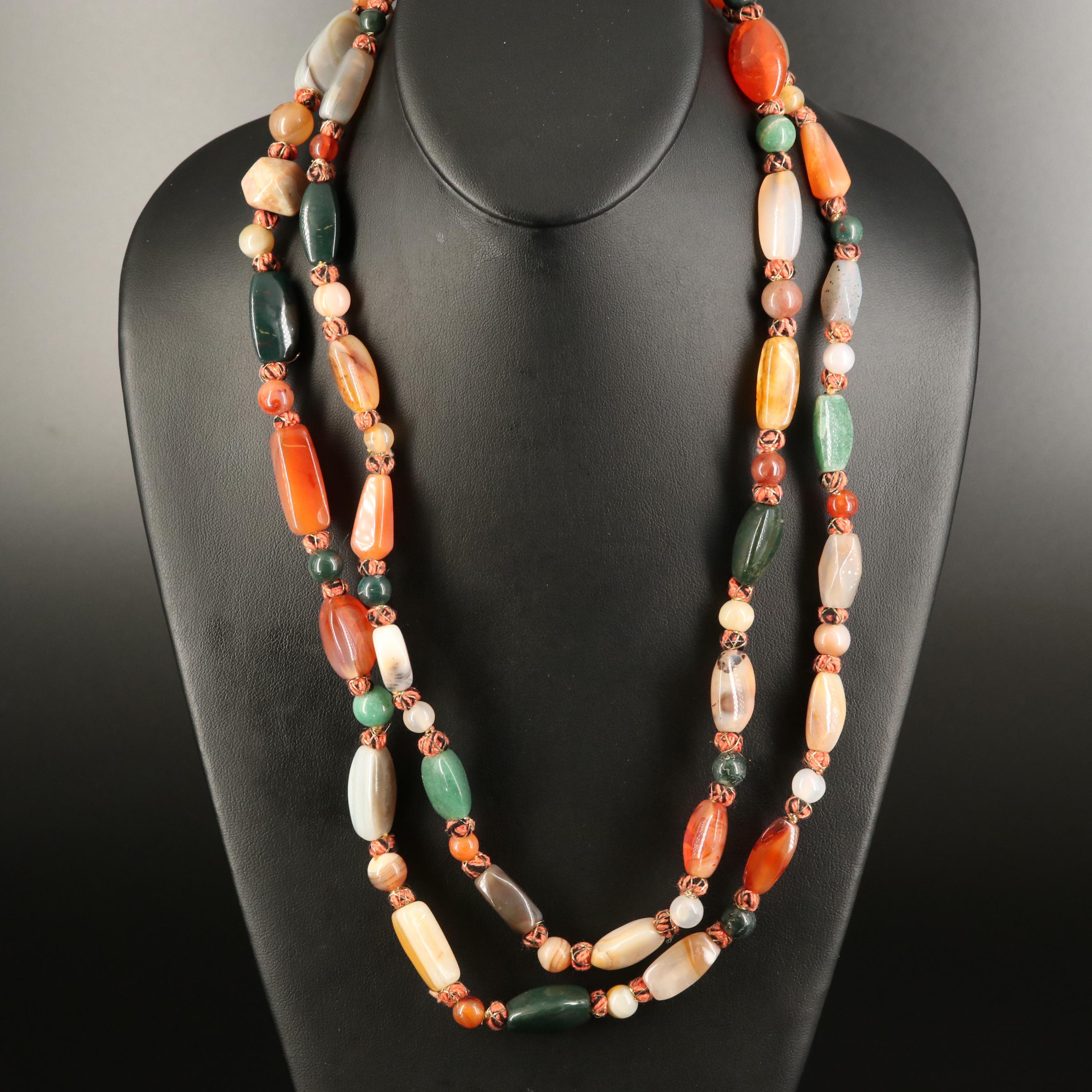 Beaded Endless Necklaces with Malachite, Tiger's Eye and Agate