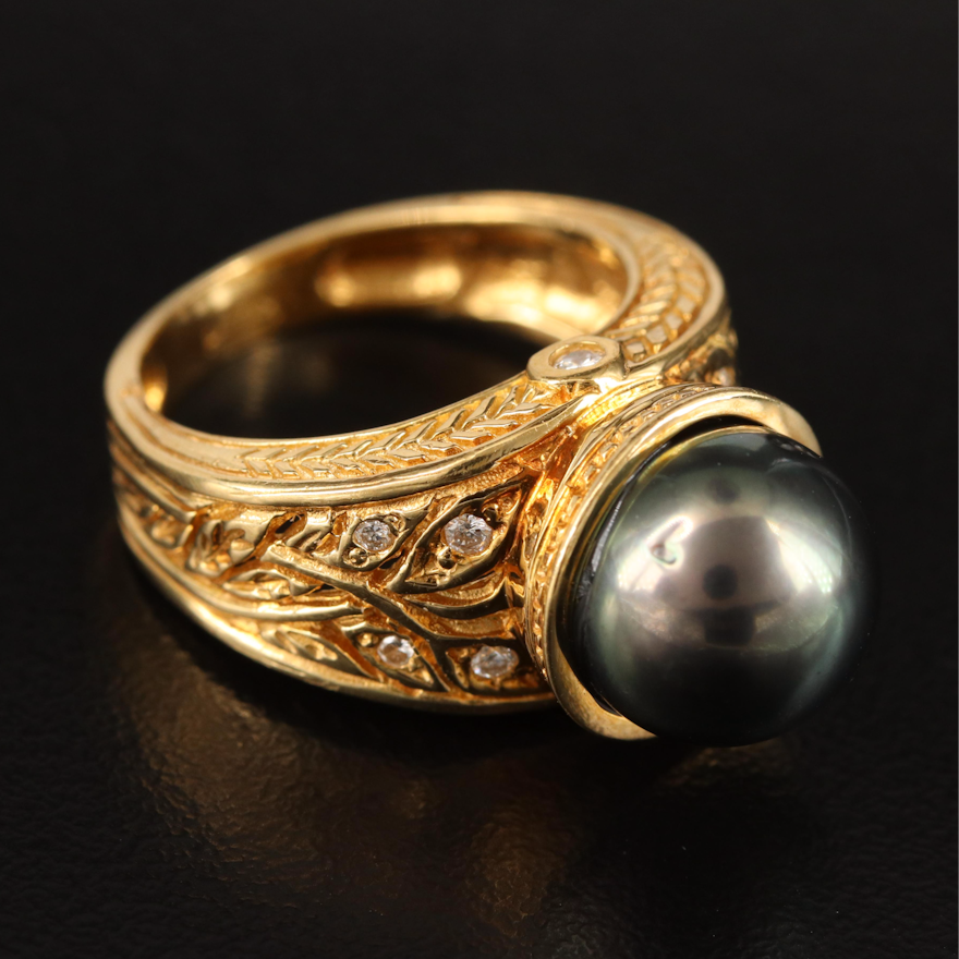 18K Pearl and Diamond Ring with Foliate Detail