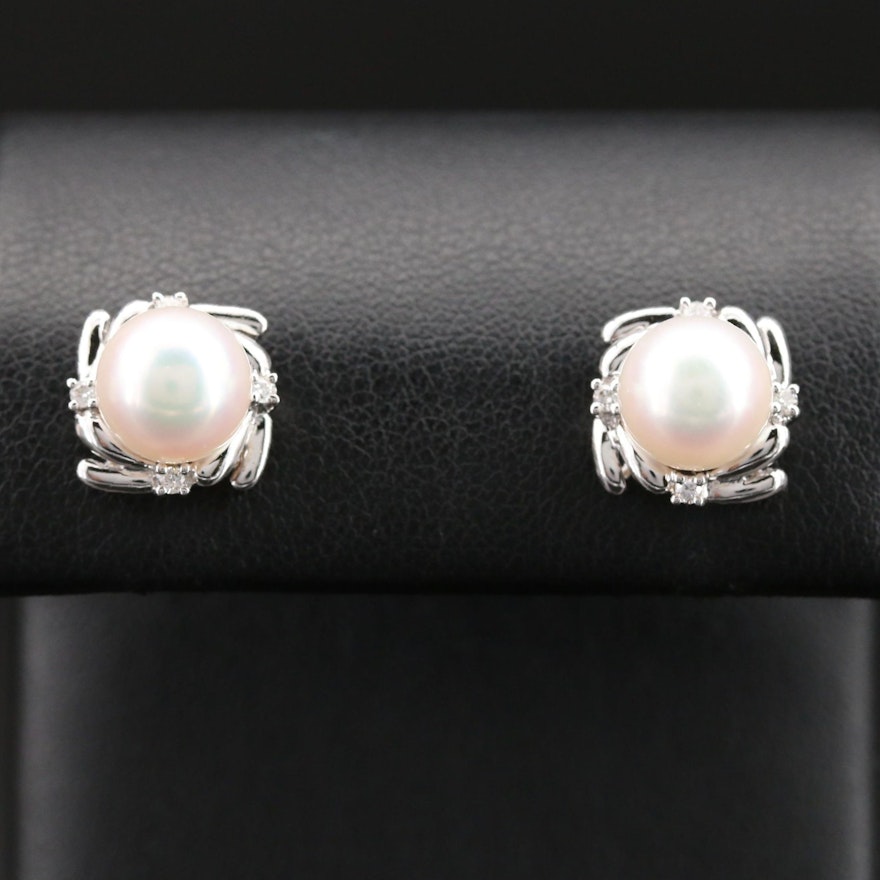 18K Pearl and Diamond Stud Earrings