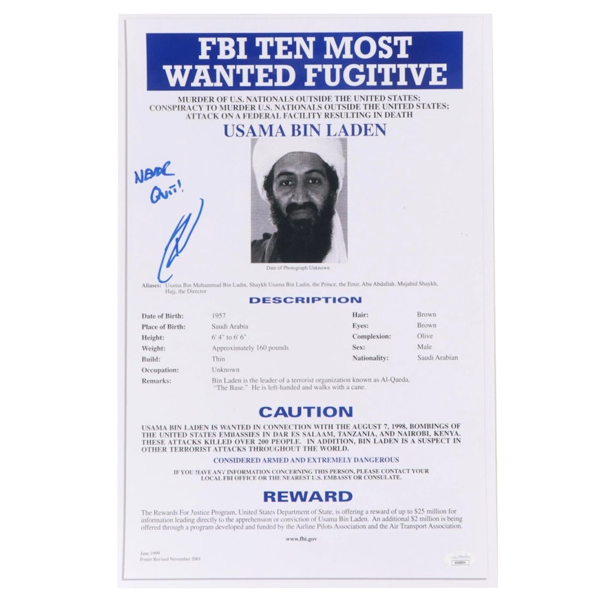Robert O'Neill Signed Usama Bin Laden "Never Quit" FBI Most Wanted Print, JSA