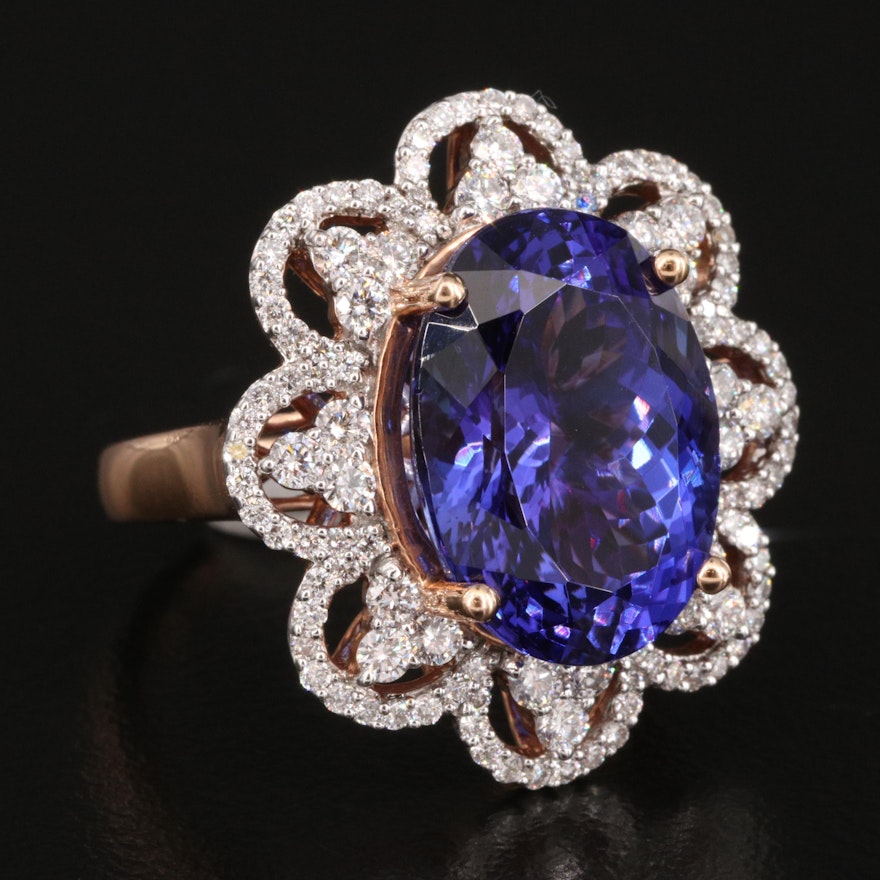 14K 10.44 CT Tanzanite and 1.10 CTW Diamond Ring with Scalloped Edge