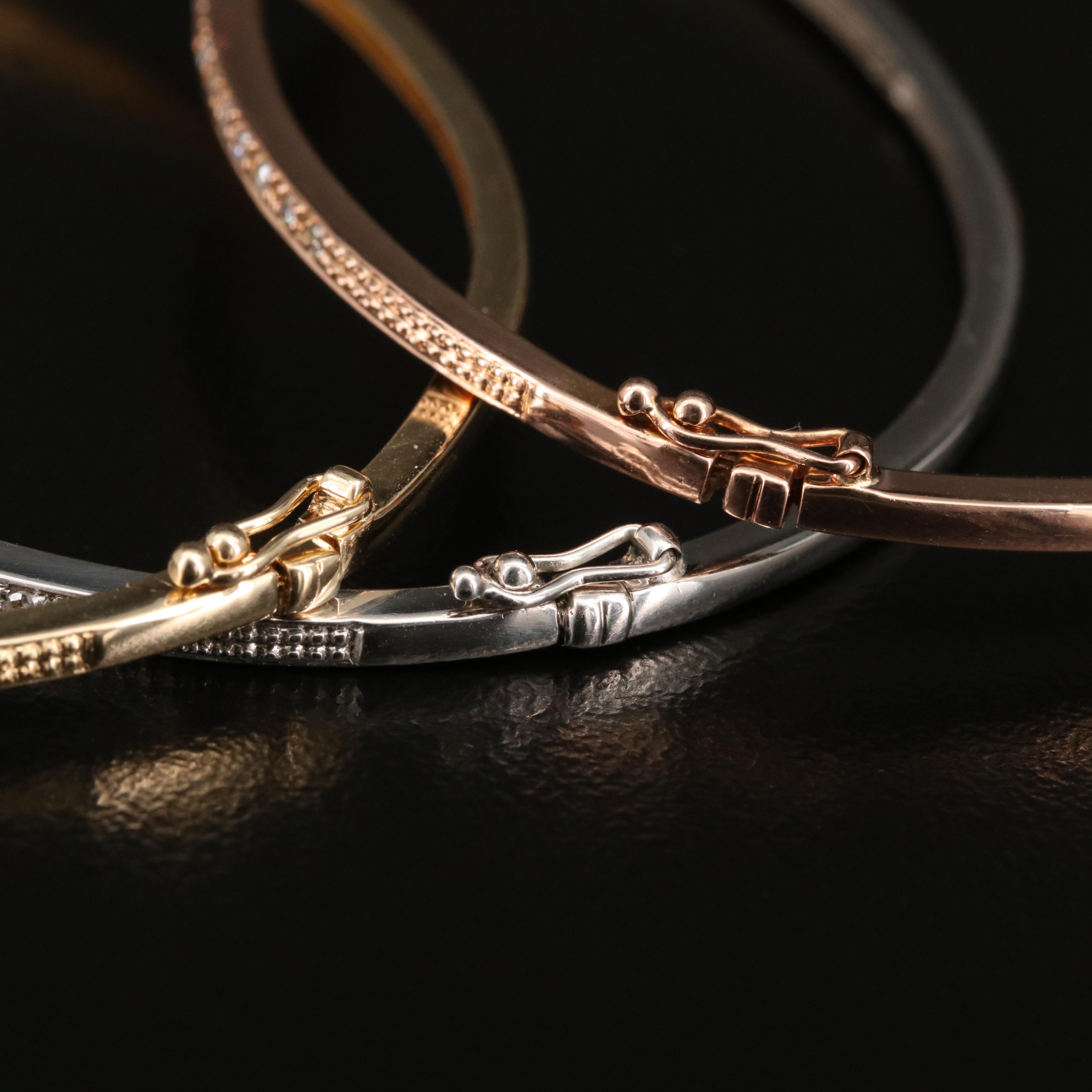14K Tri-Color Diamond Hinged Bangles
