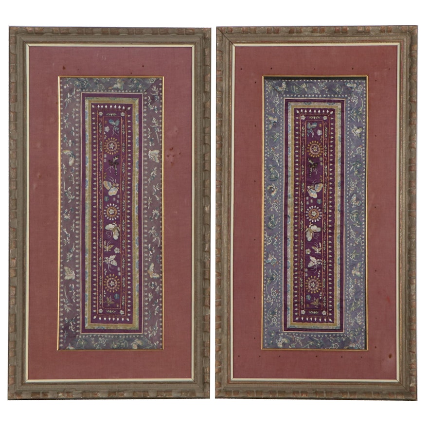 Handmade Chinese Embroidered Silk and Goldwork Panels with Butterfly Motif