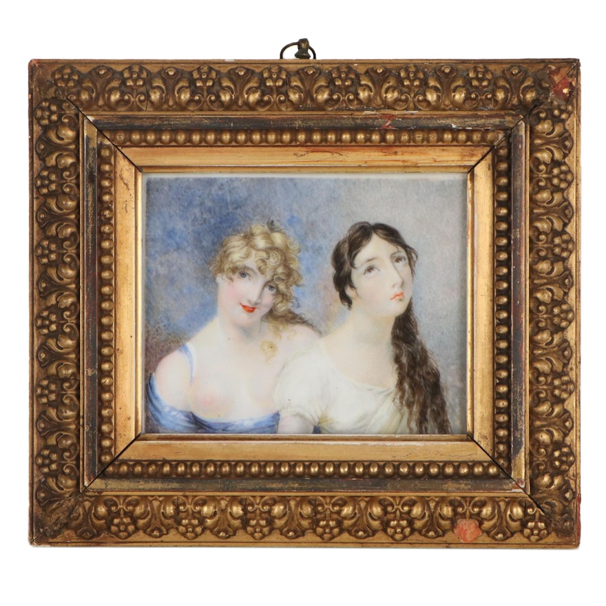 Hand-Painted Portraits of Two Women on Porcelain, Early 20th Century