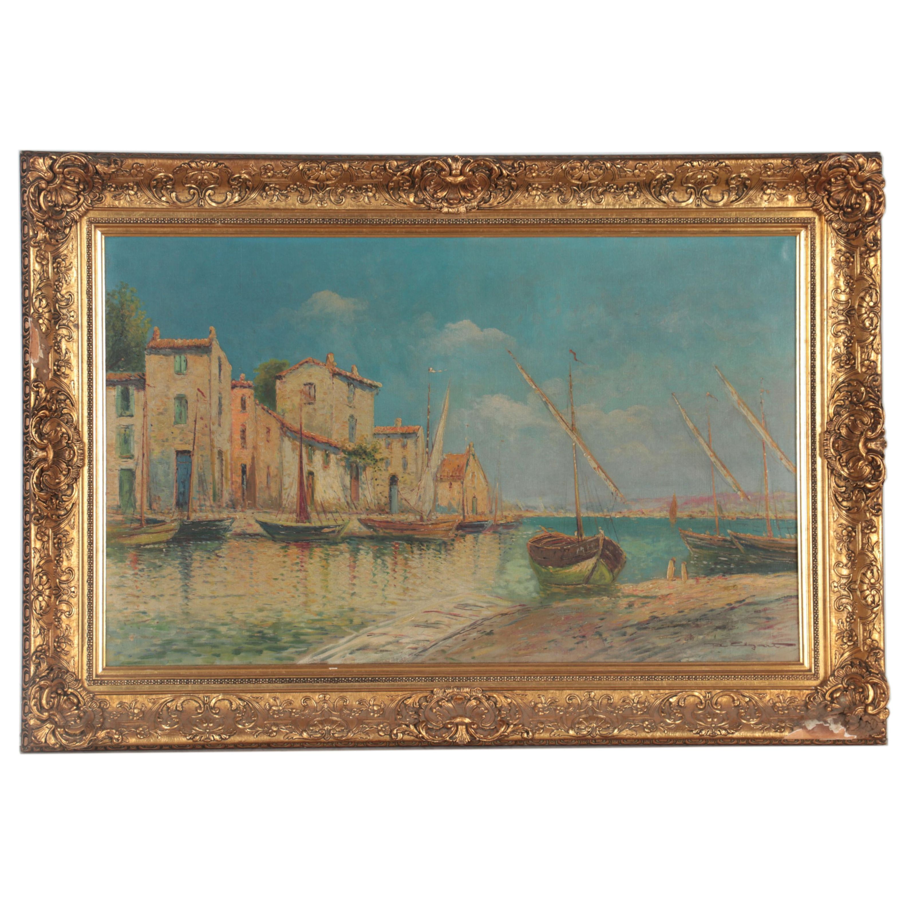 Ruth Elgart Southern European Harbor Scene Oil Painting