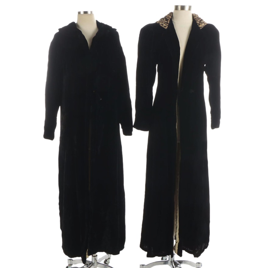 Black Velvet Duster Coats with Leopard Print Hood and Sailor Collar