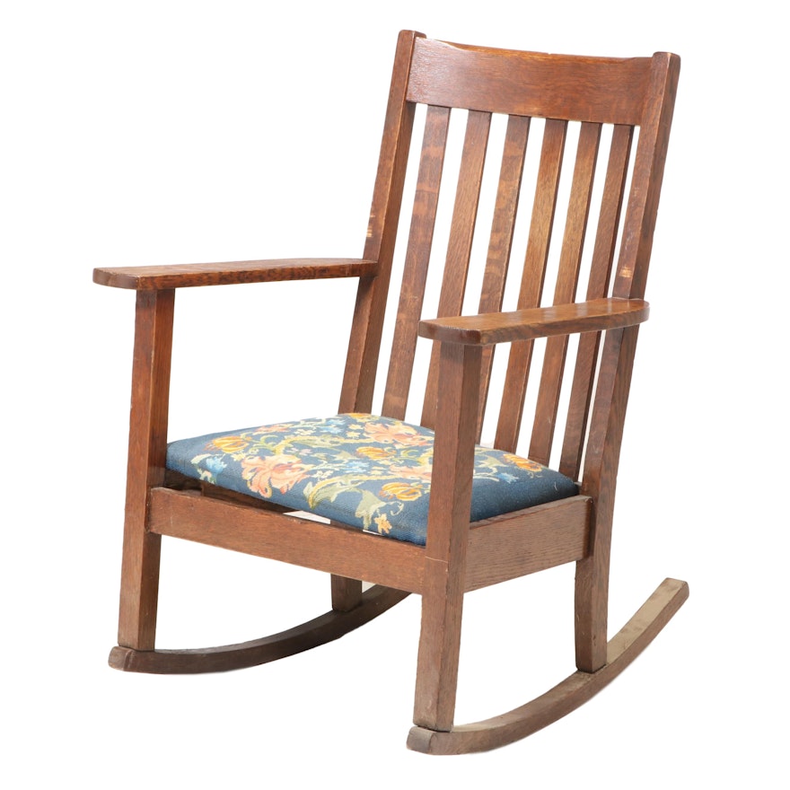 Arts and Crafts Oak Needlepoint Upholstered Rocking Chair, Early 20th Century