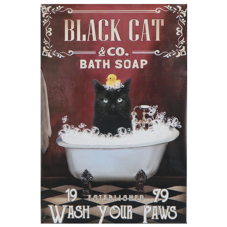 Giclée of a Black Cat Taking a Bath