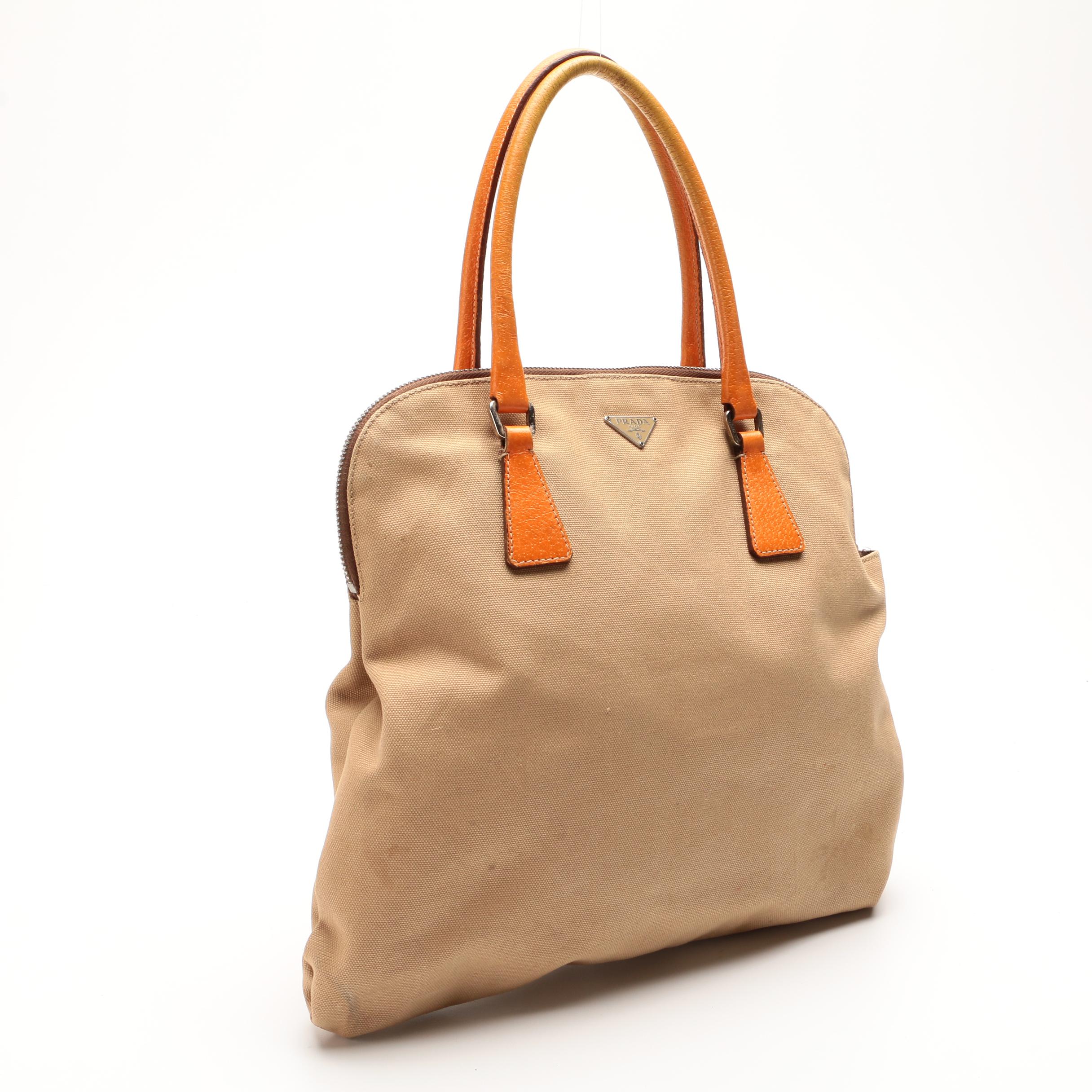 Prada Domed Handbag in Beige Canvas with Orange Leather Trim