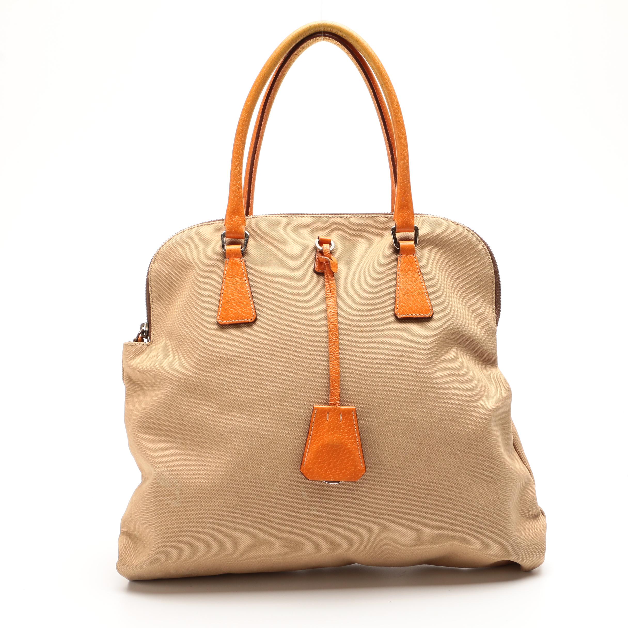 Prada Domed Handbag in Beige Canvas with Orange Leather Trim