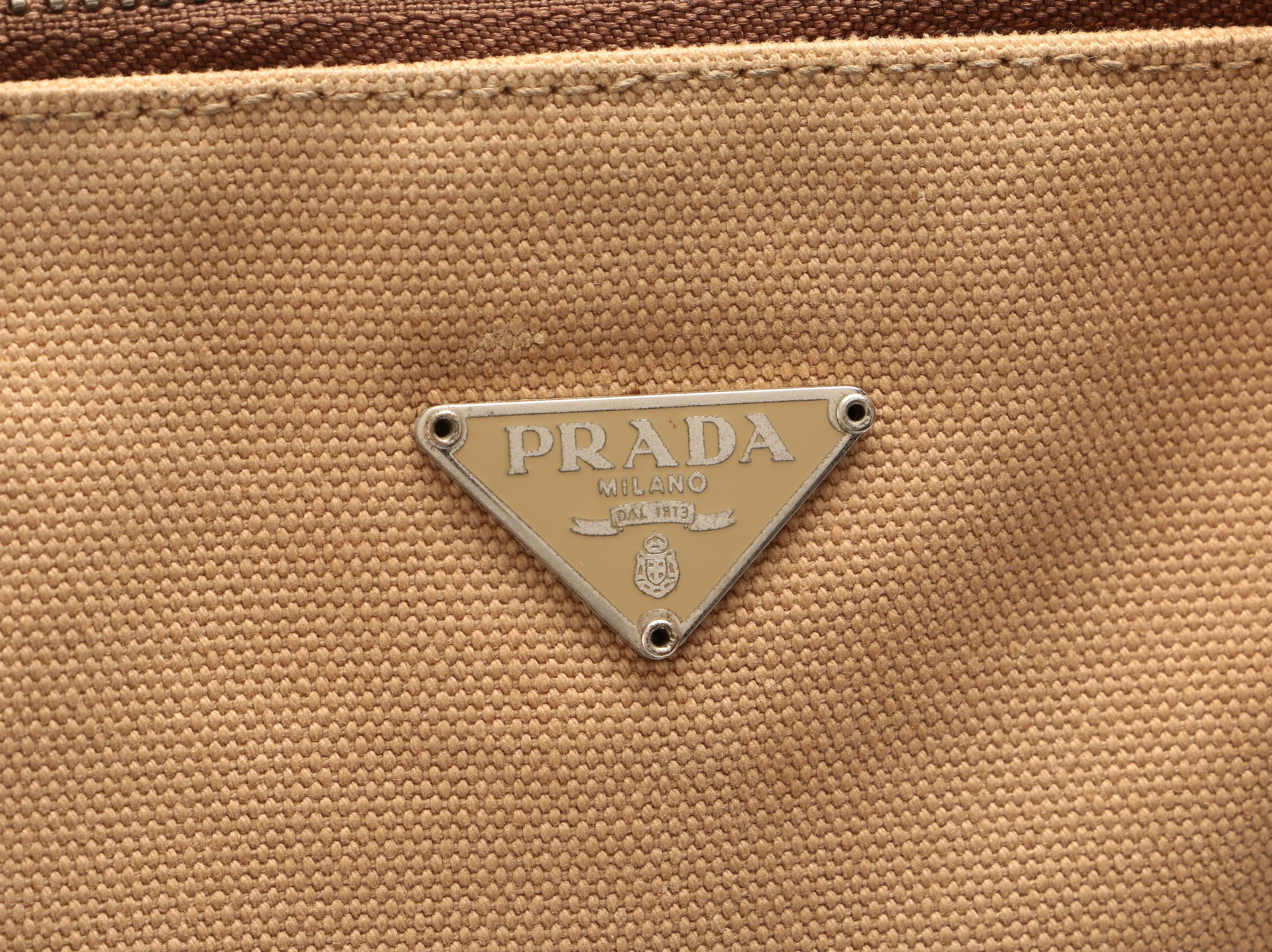 Prada Domed Handbag in Beige Canvas with Orange Leather Trim