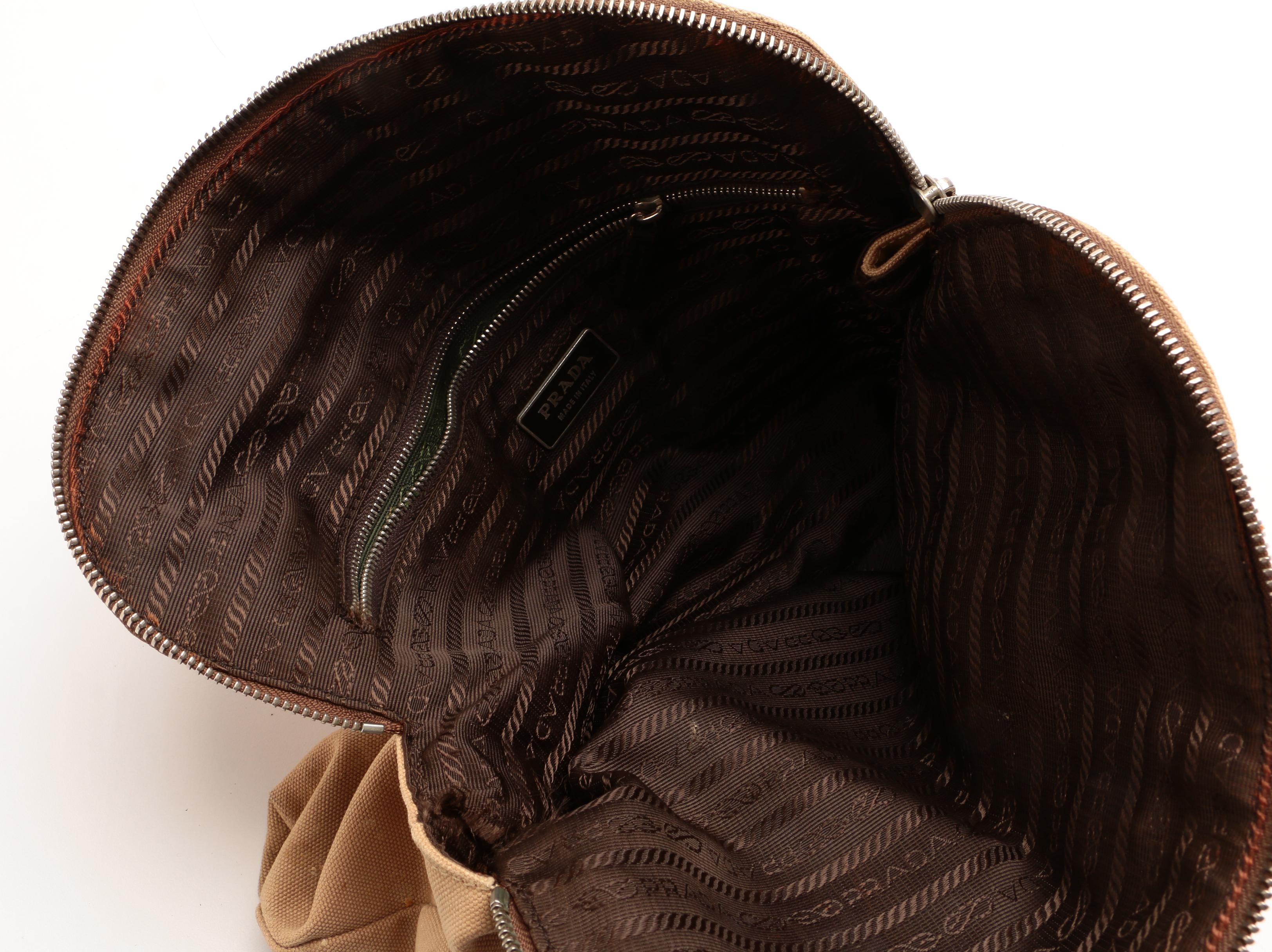 Prada Domed Handbag in Beige Canvas with Orange Leather Trim