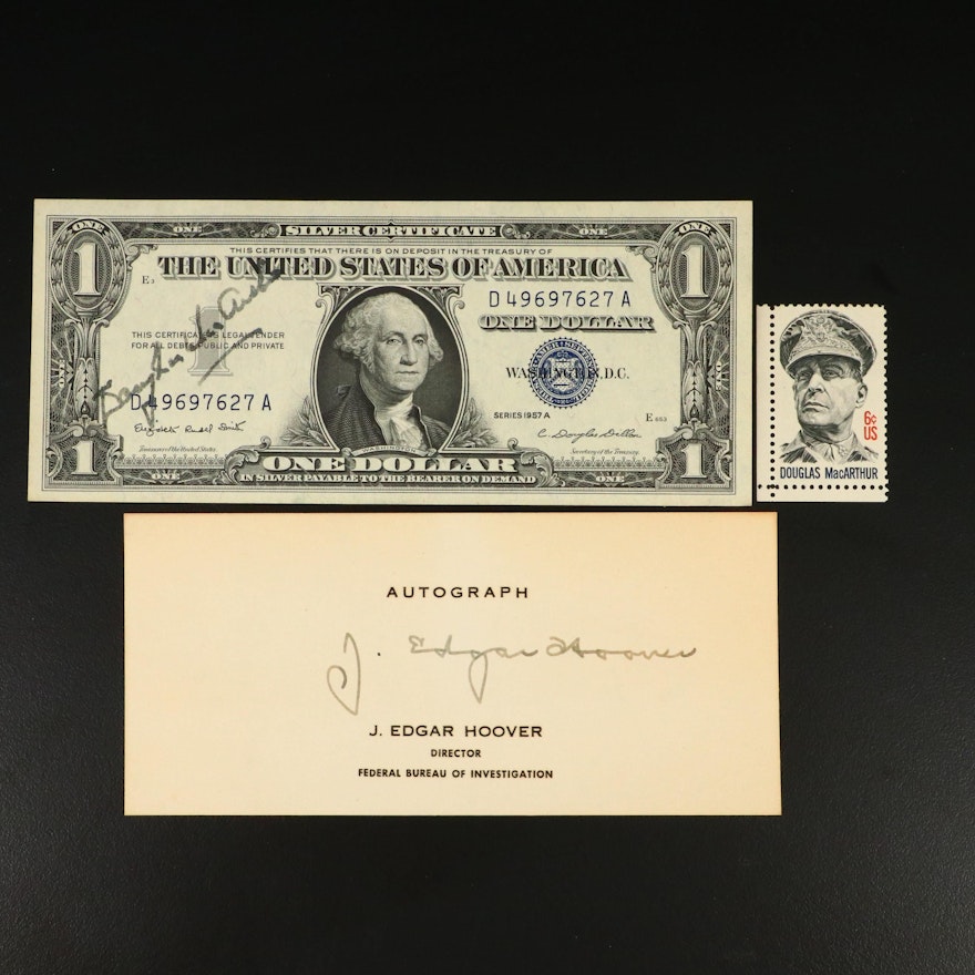 Douglass MacArthur Autographed Silver Certificate and J. Edgar Hoover Autograph