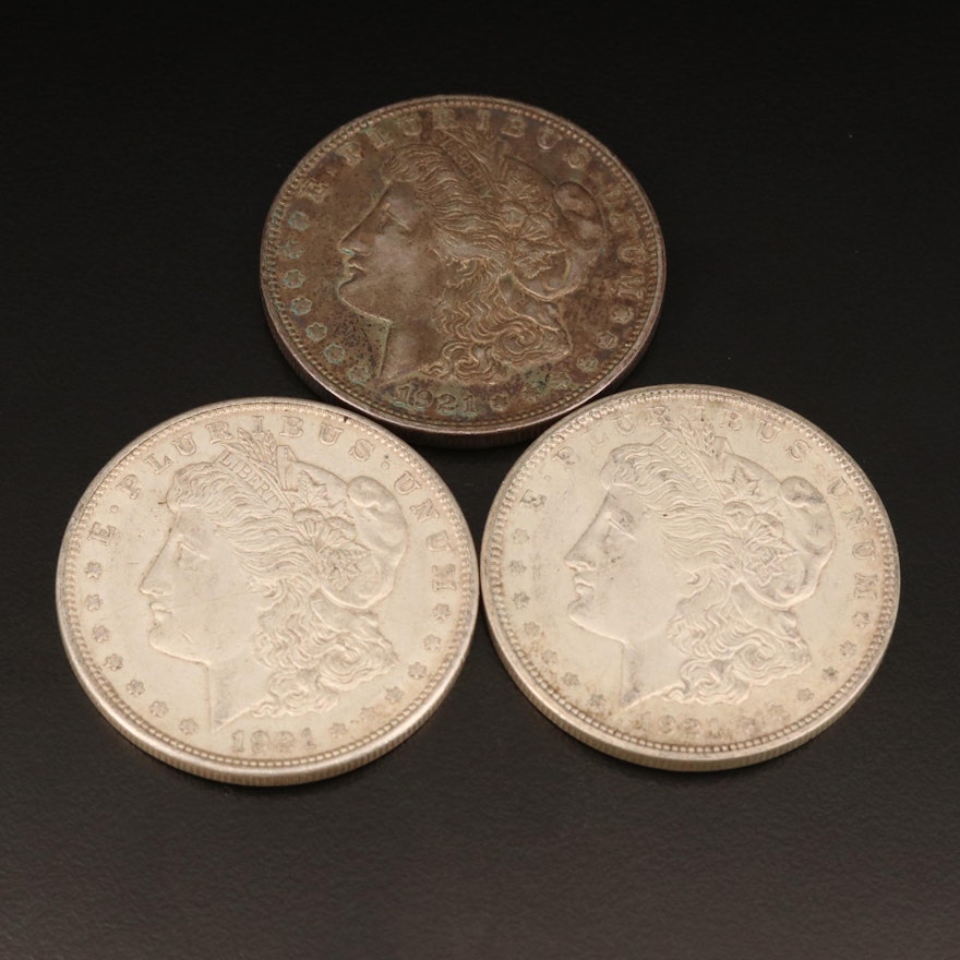 Three 1921-D Morgan Silver Dollars